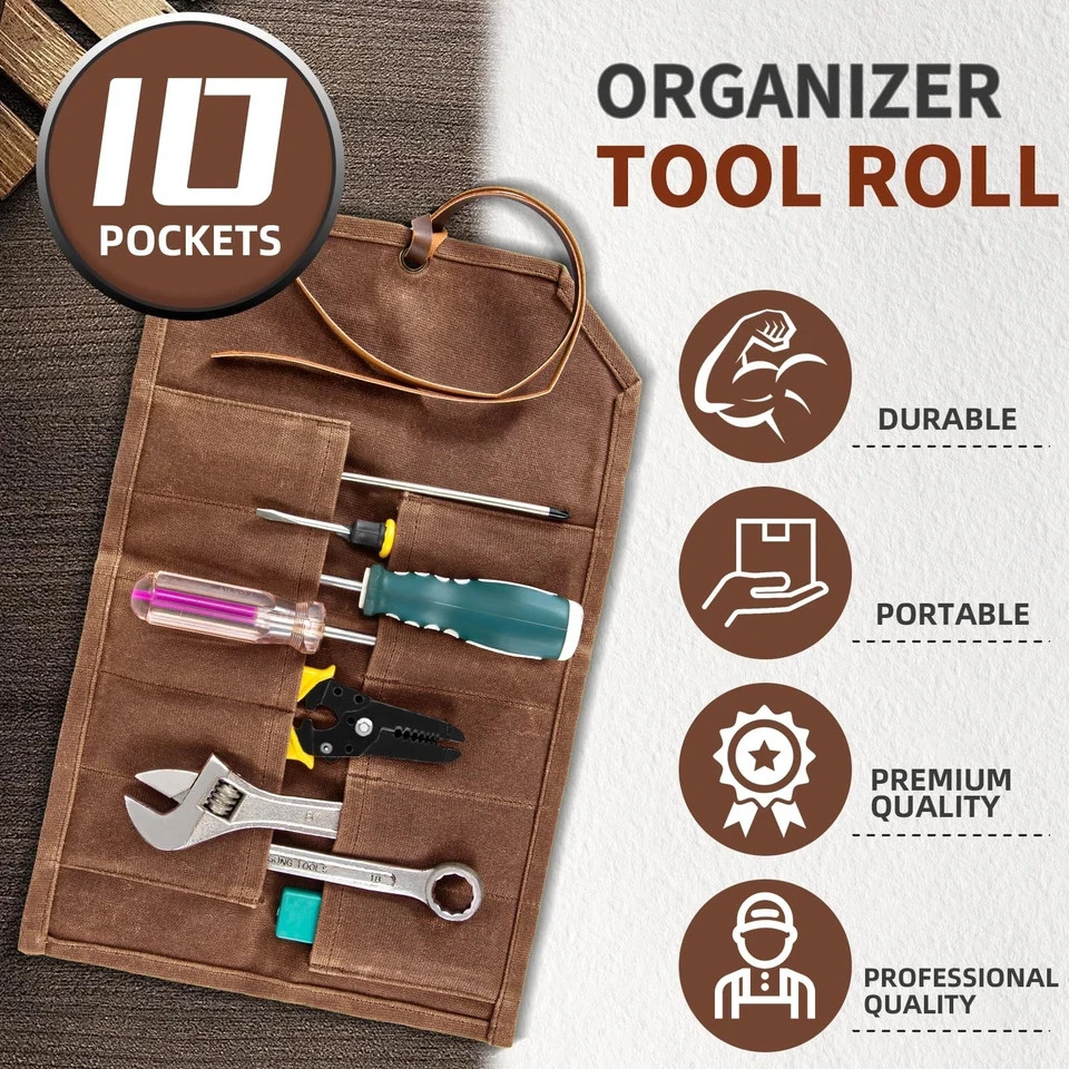 Tool Roll,10Slots Tool Roll Up Pouch,Heavy Duty Waxed Canvas Tool Roll Bag,Ch…