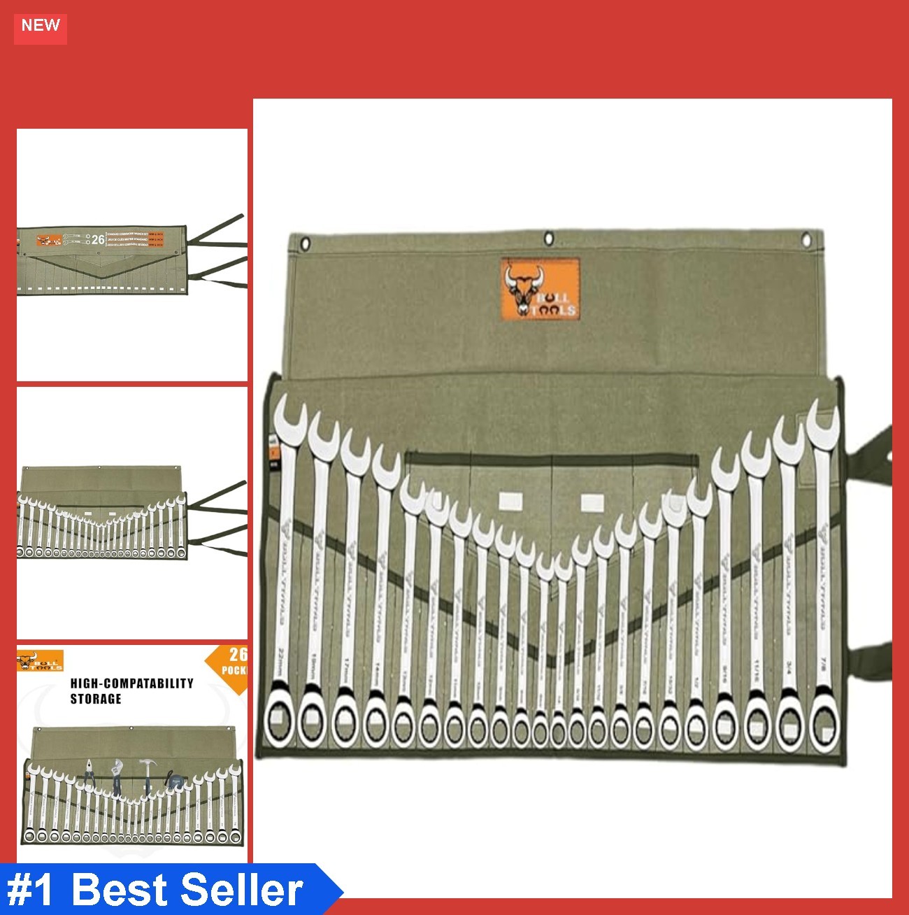 Wrench Roll 26 Pocket Tool Pouch Organizer Cotton Canvas Metric SAE Combination