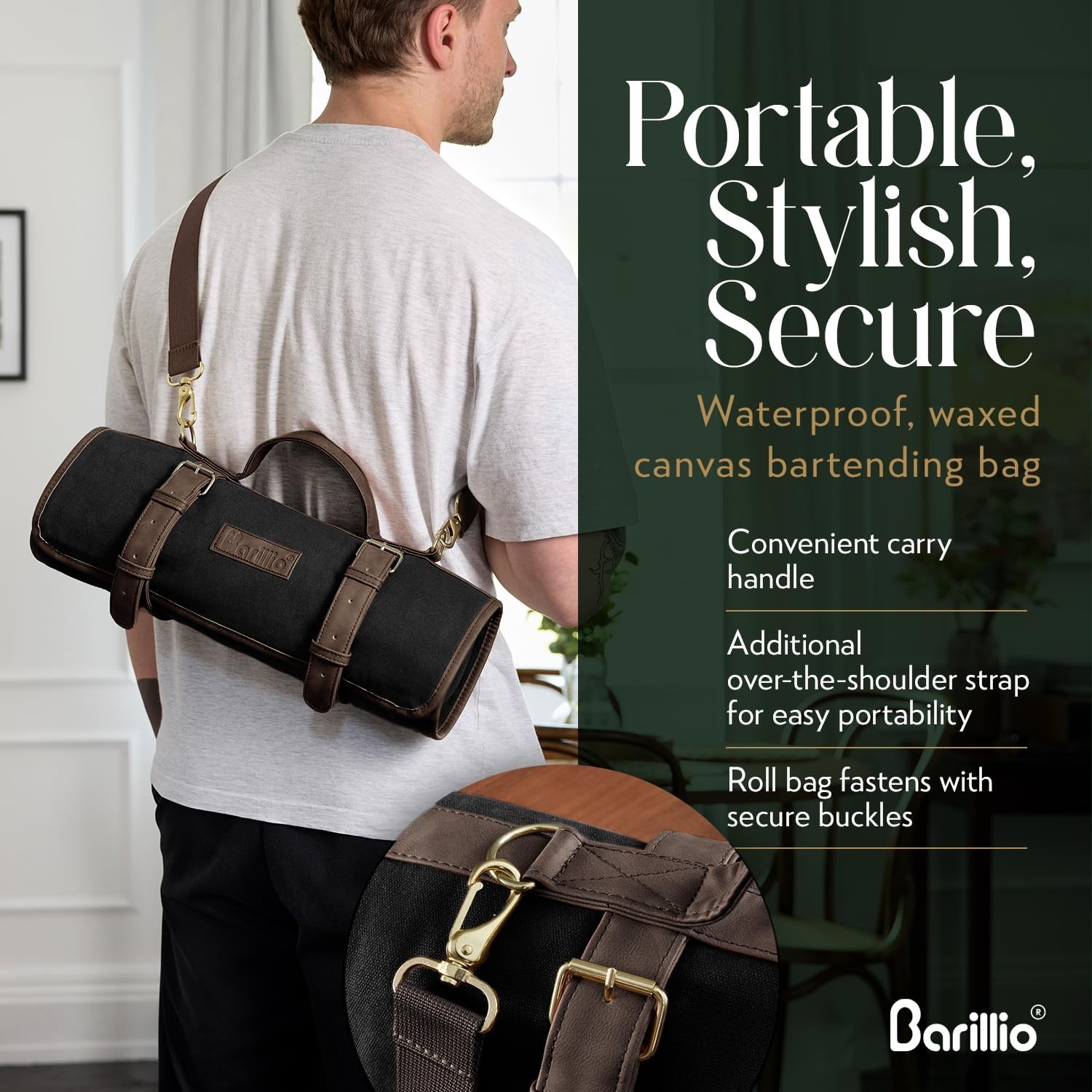Barillio Bartender Kit Bag – Waxed Canvas, 17-Pc Cocktail Set – Travel Mobile