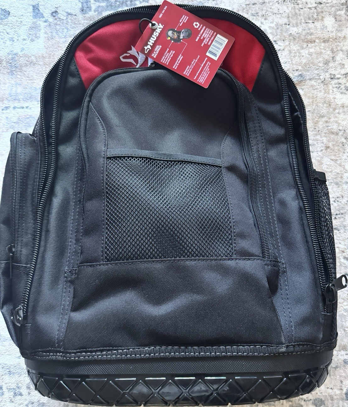Husky 16 in Tool Backpack Black/Red 600D 21 Pockets Waterproof Molded Base