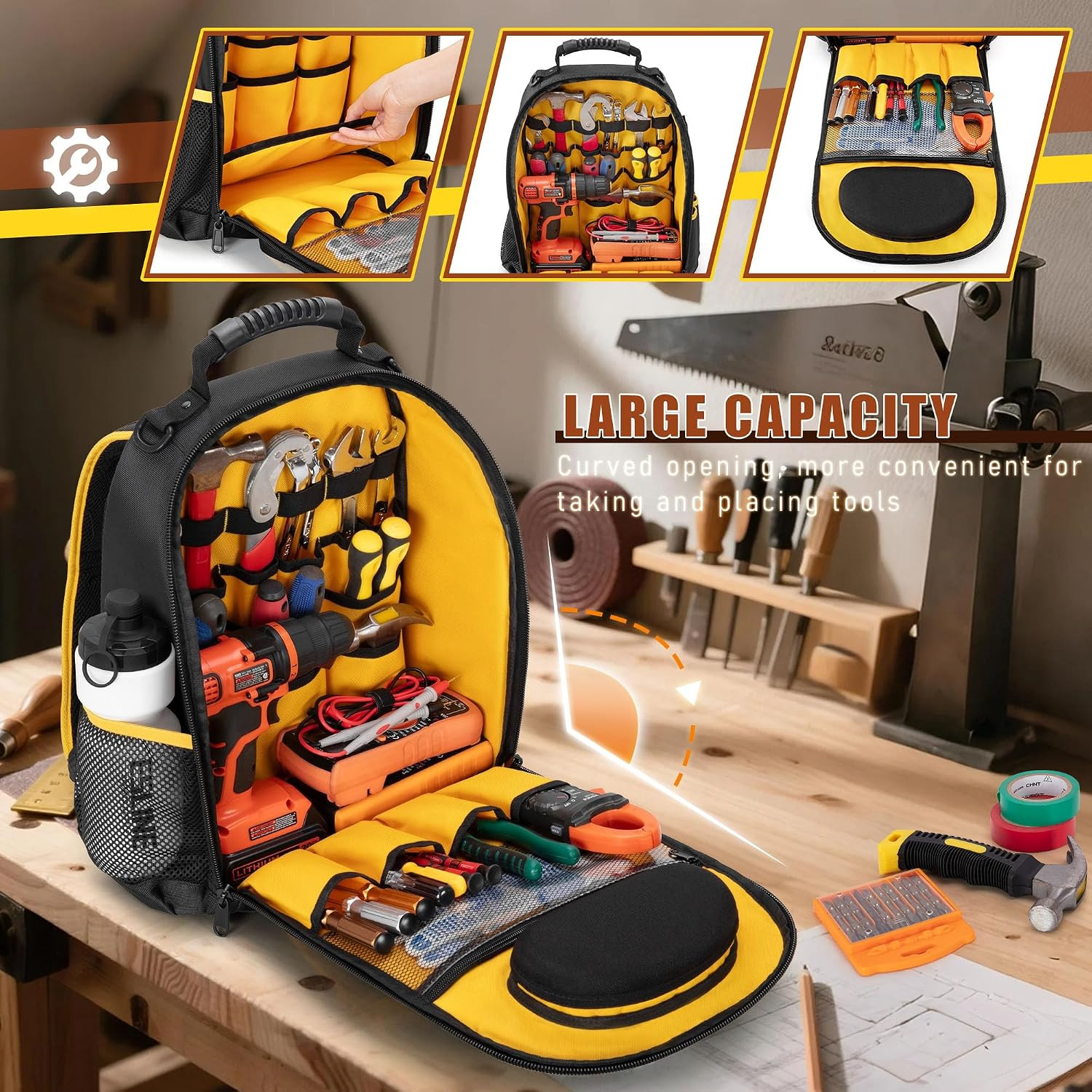 Heavy Duty Tool Backpack with Pouch, Molle Straps & Multiple Pockets