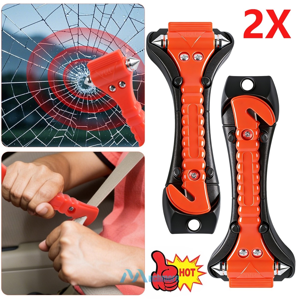 2-Pack Car Emergency Escape Tool Window Breaker Hammer Seat Belt Cutter Orange