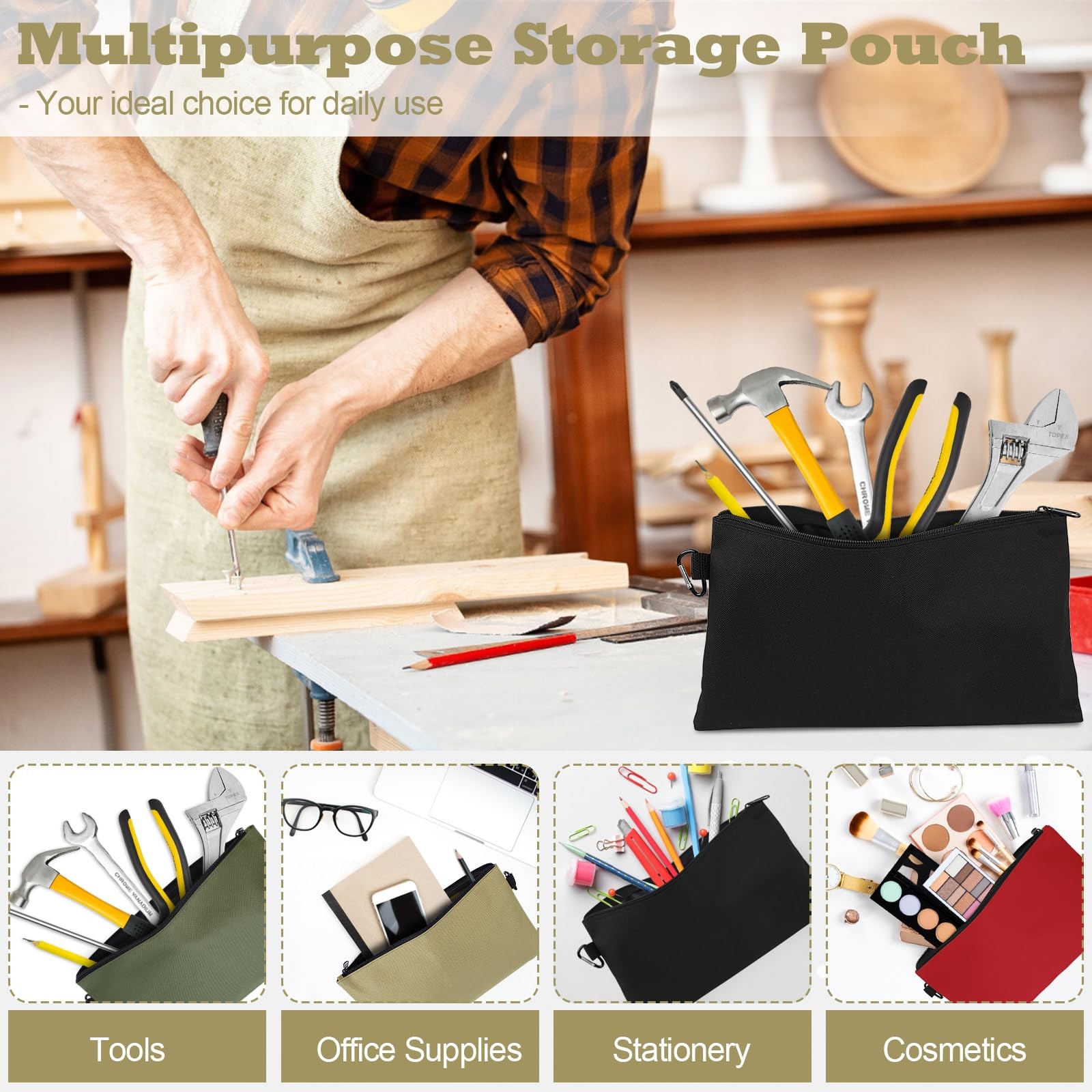 4 Pack Tool Bag, Premium Tool Pouch Zipper Bag, 12″ Tool Pouch with Zipper, M…