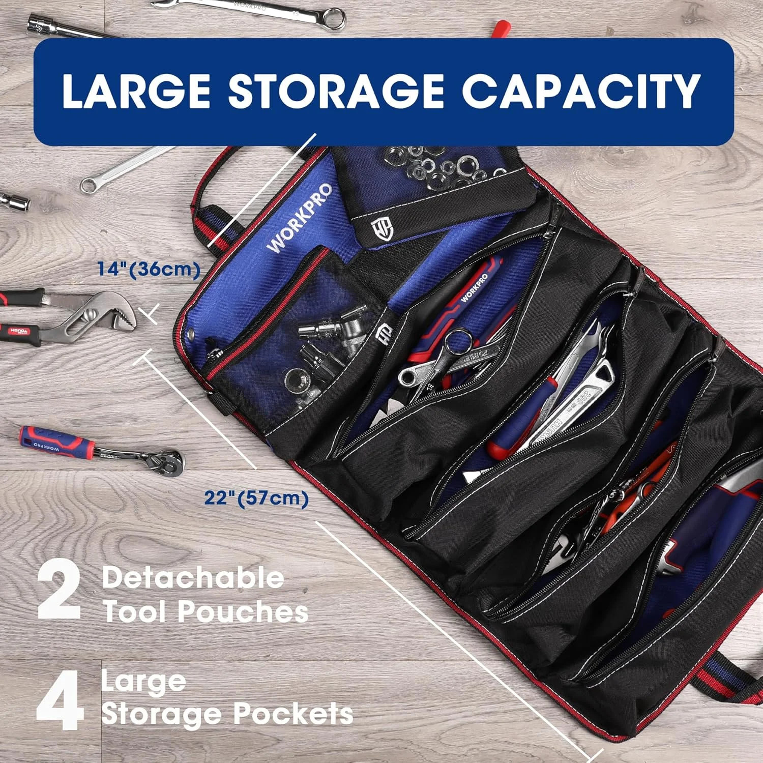 WORKPRO Roll Up Tool Bag, Tool Roll Up Bag with Detachable Tool Pouches, Heavy D