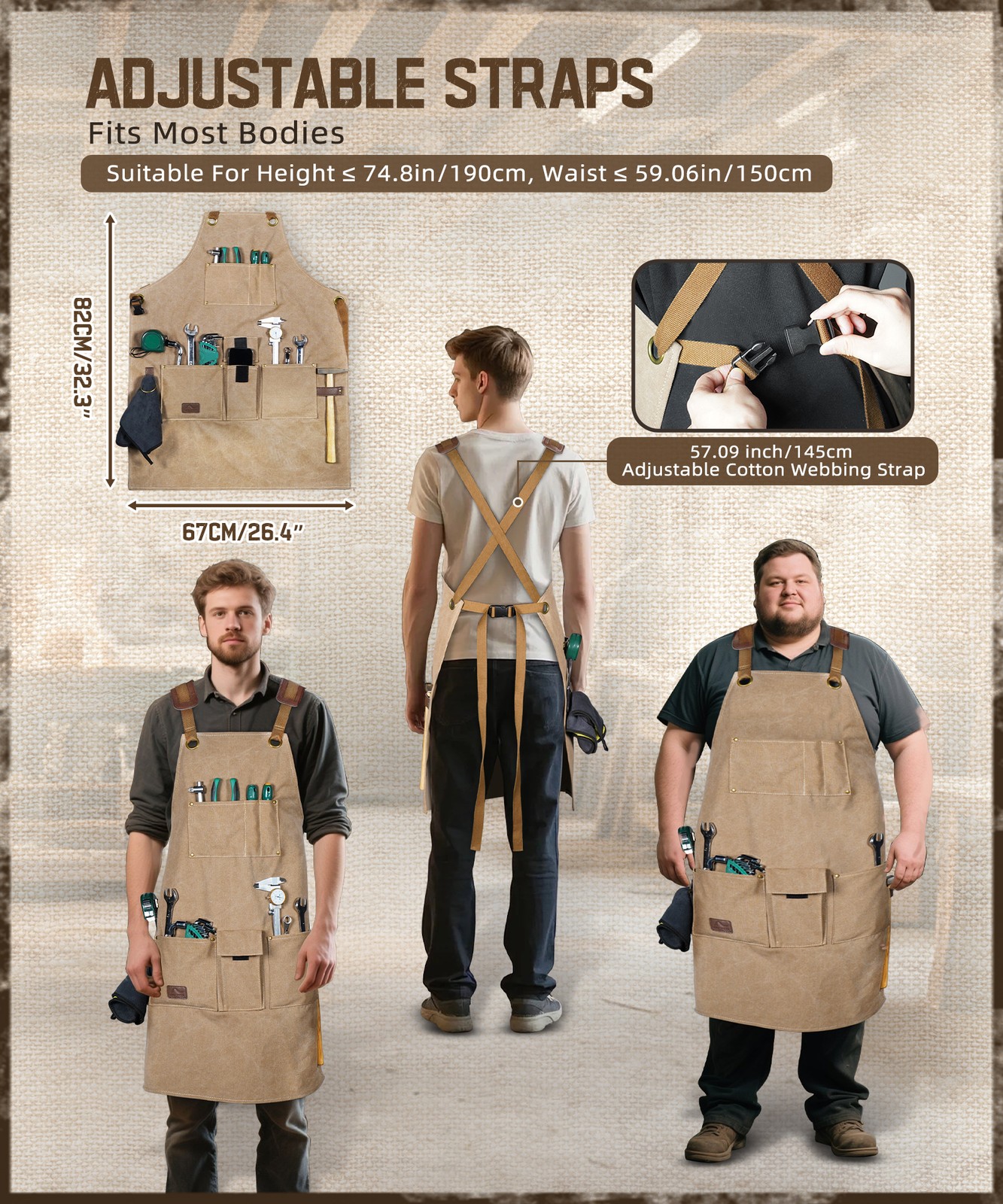 Durable Working Workshop Bib Apron For Carpenter Electrician With 9 Tool Pockets