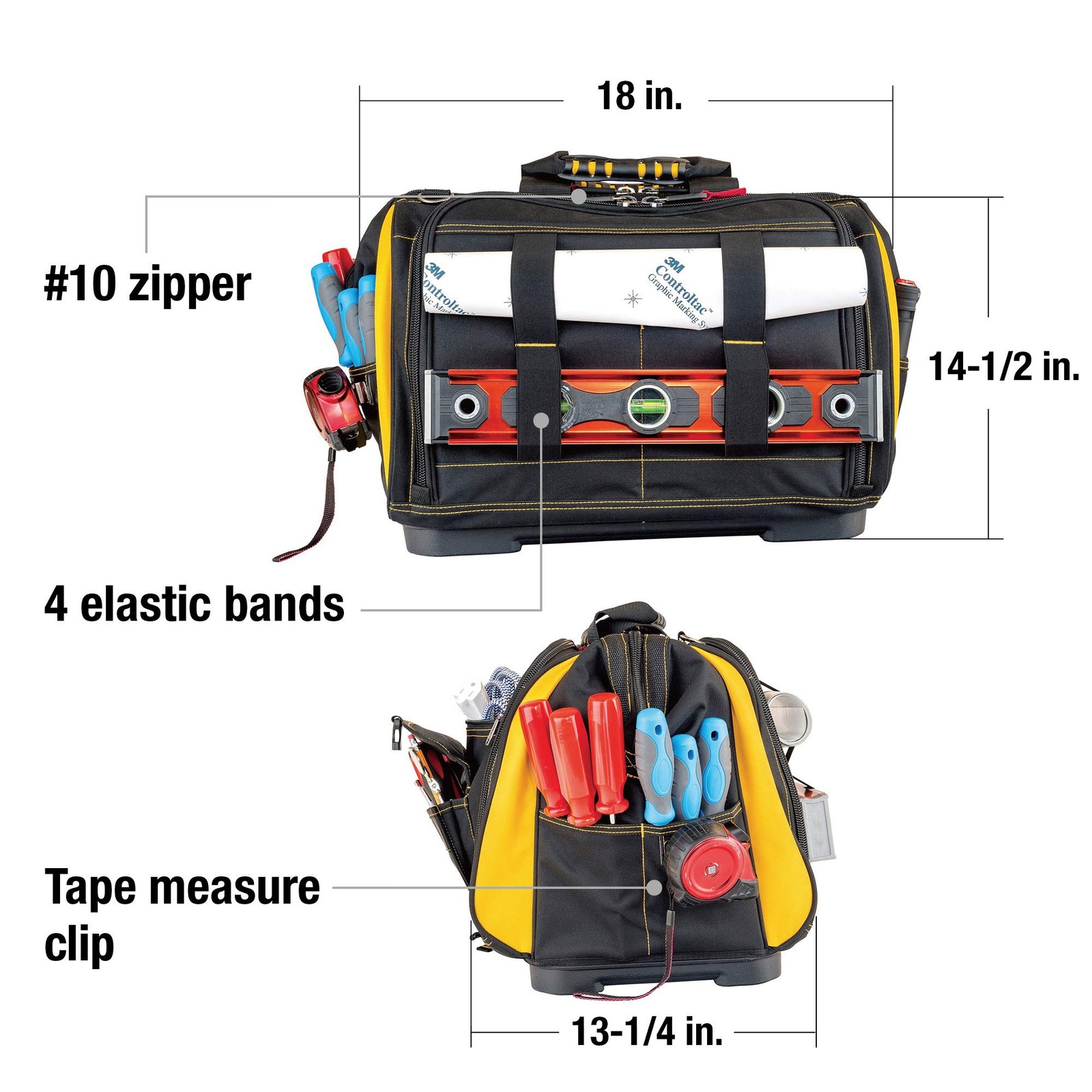18-Inch Pro Tool Bag with 56 Pockets, Wide Mouth Opening, Molded Base, Hi-Vis…