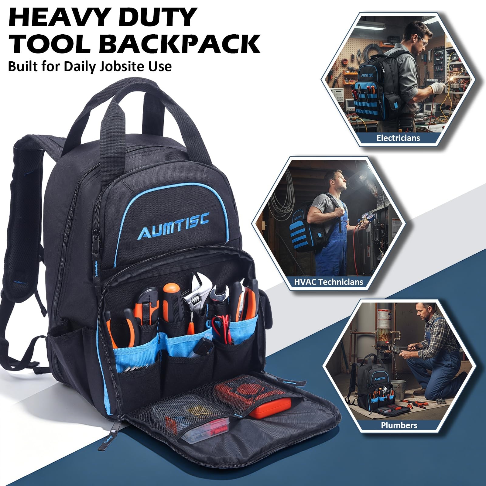 AUMTISC Tool Bag Backpack for Men, Large Heavy Duty Bags with 49 L, Blue