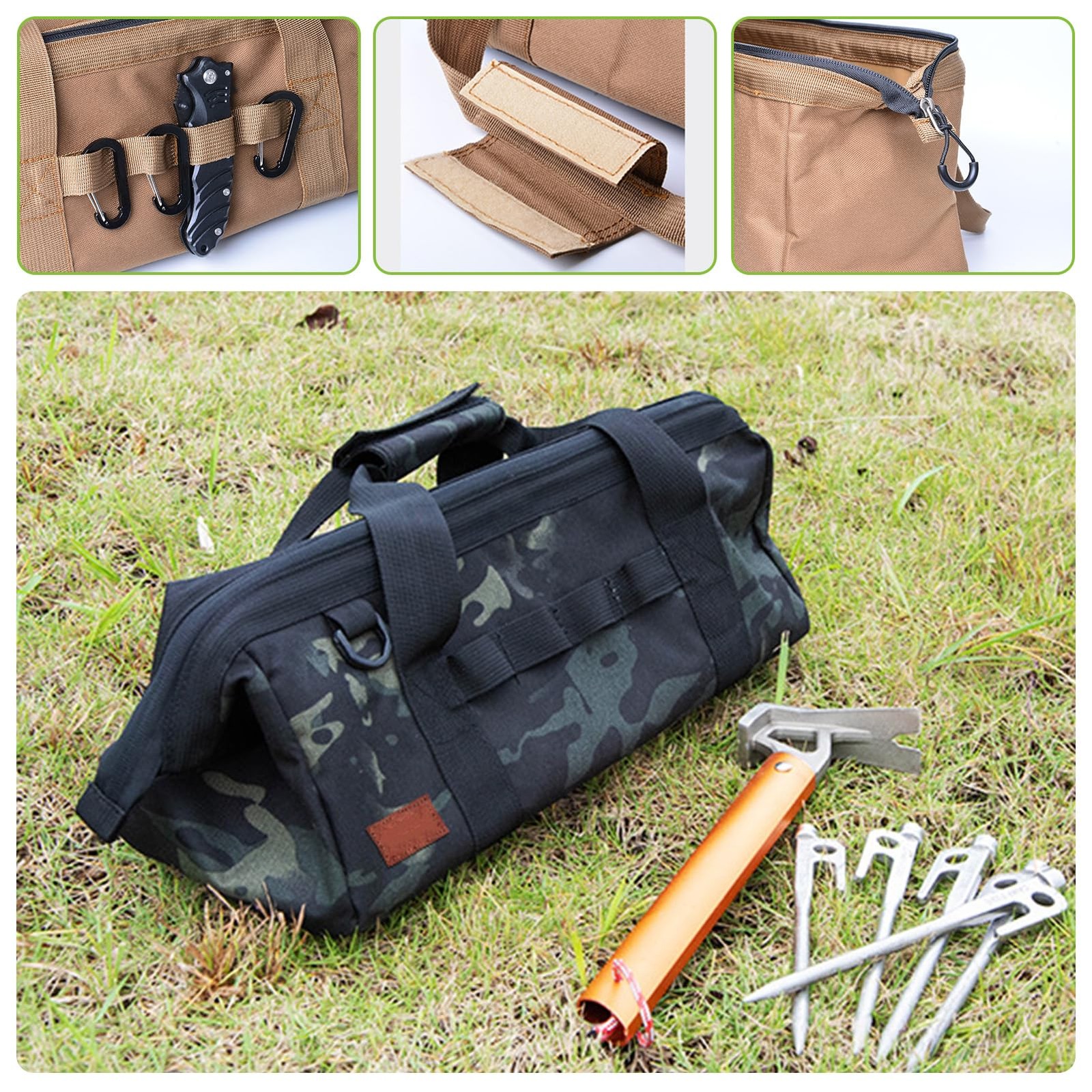 Large Capacity Camping Tool Bag with Wide Mouth Storage and Zipper, 1050D Oxf…