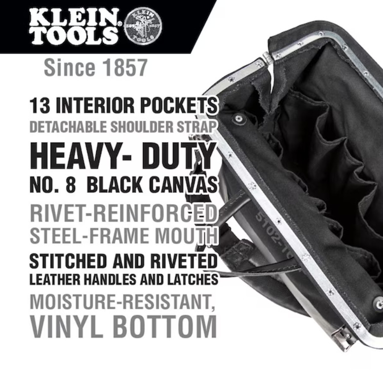 Klein Tools 5102-16SPBLK 16 in Black Canvas Tool Bag 13 Pockets Shoulder Strap
