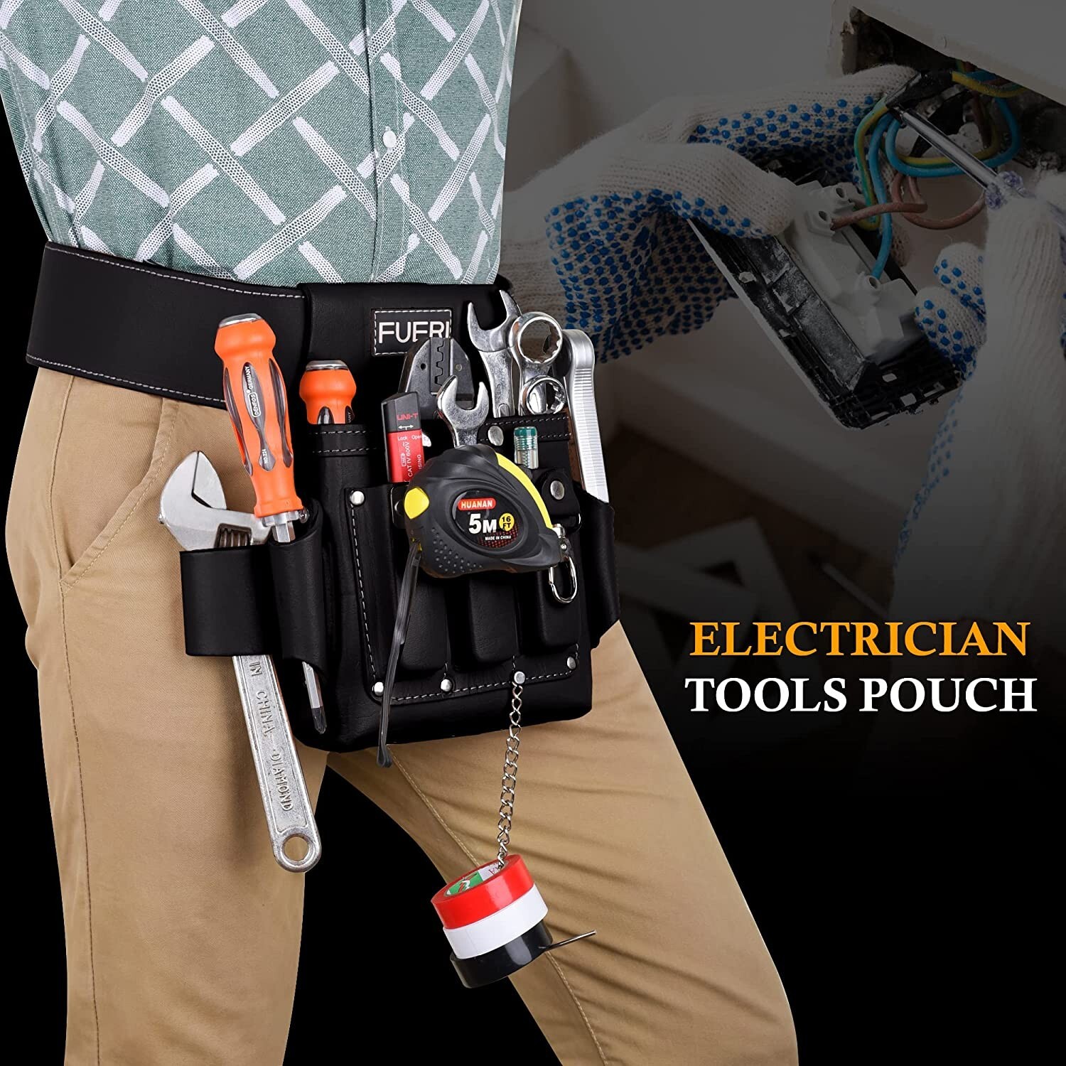 FUERI Premium Grain Leather Work Belt and 4 Pocket Electrician Tool Pouch Tool