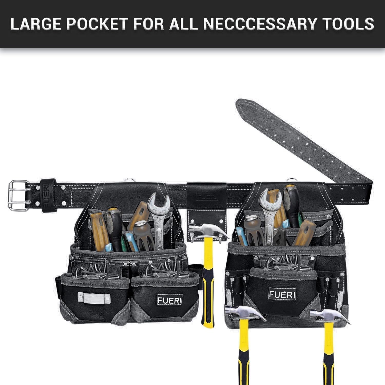 FUERI 16 Pocket Leather Tool Belt w Padded Suspender,Black Tool Belt,Suspender