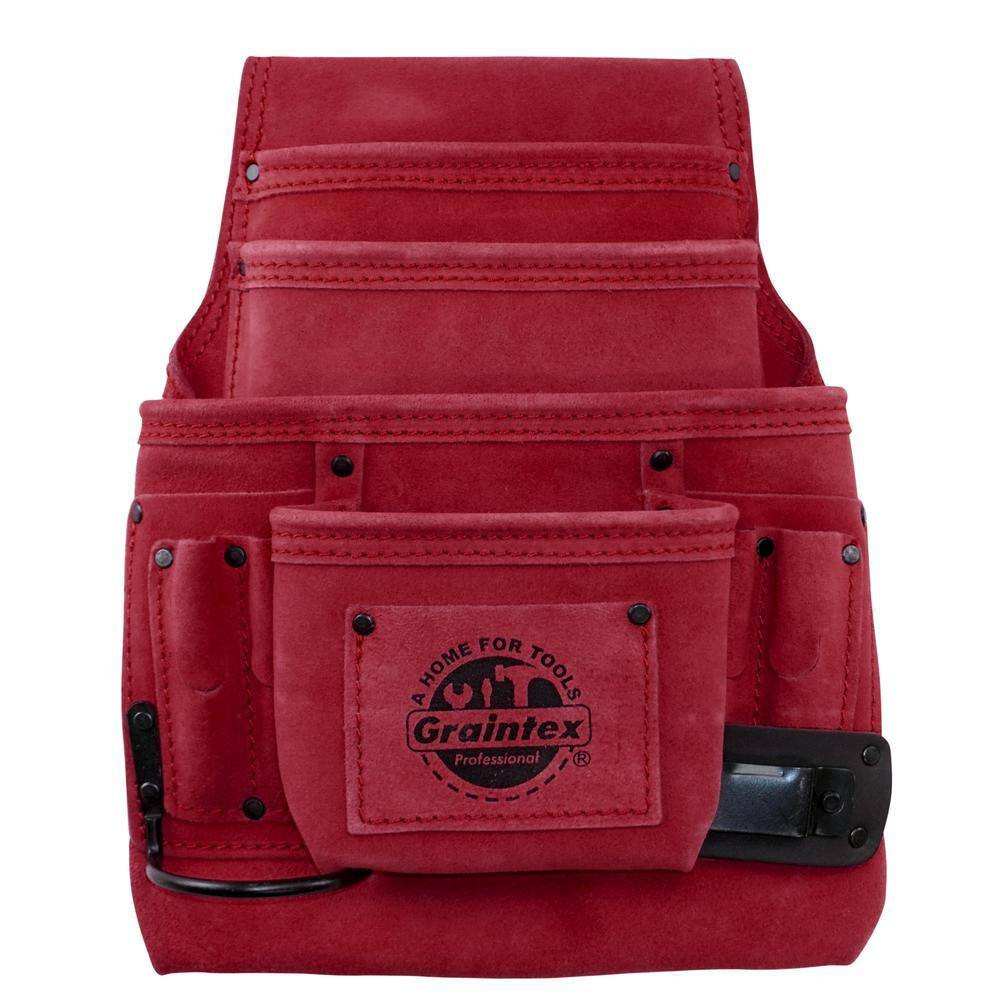 10-Pocket Suede Leather Nail and Tool Pouch in Burgundy W/2 Hammer Holders