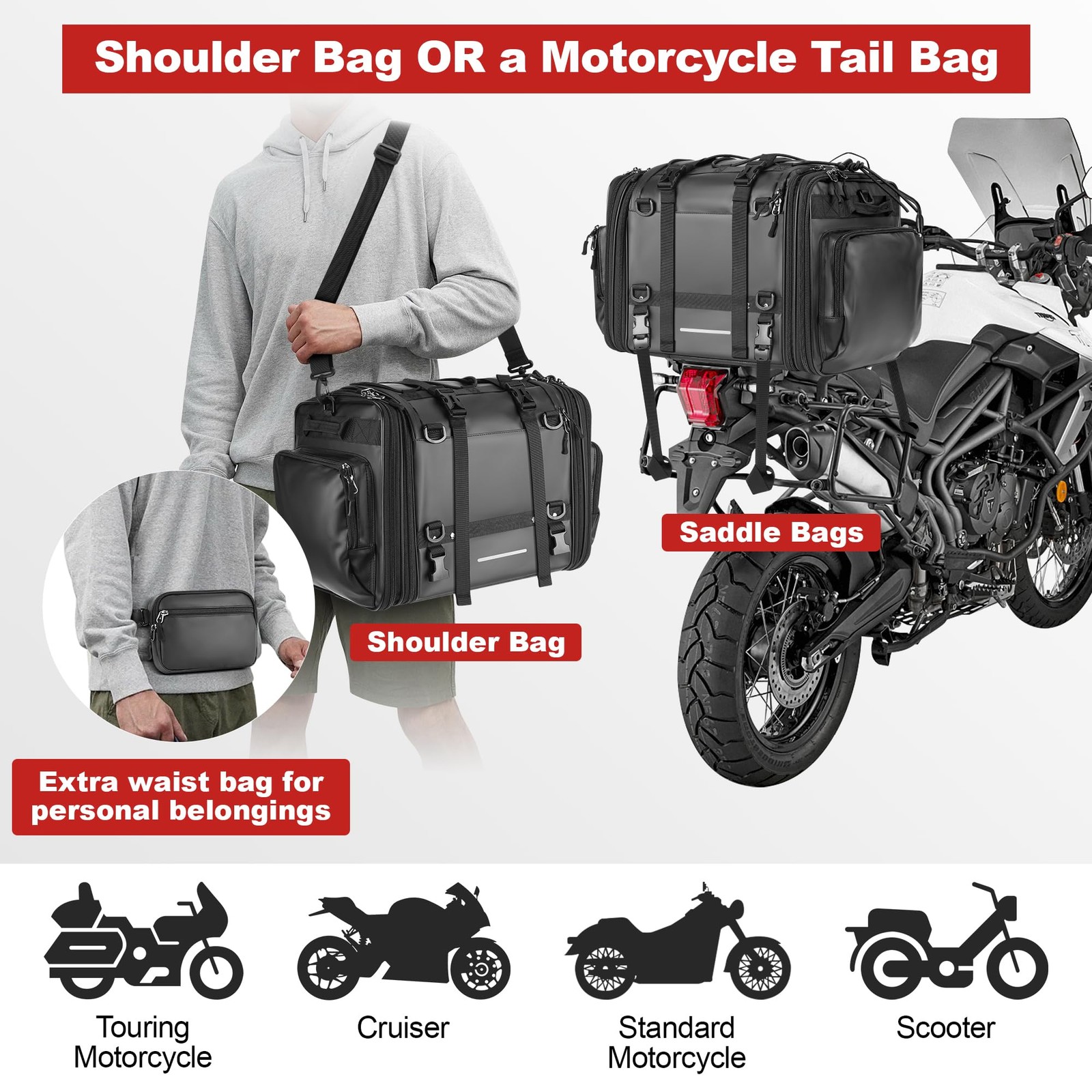 P Motorcycle Tail Bag, 40L-60L Expandable Motorcycle Saddle Bags Motorbike Ba…