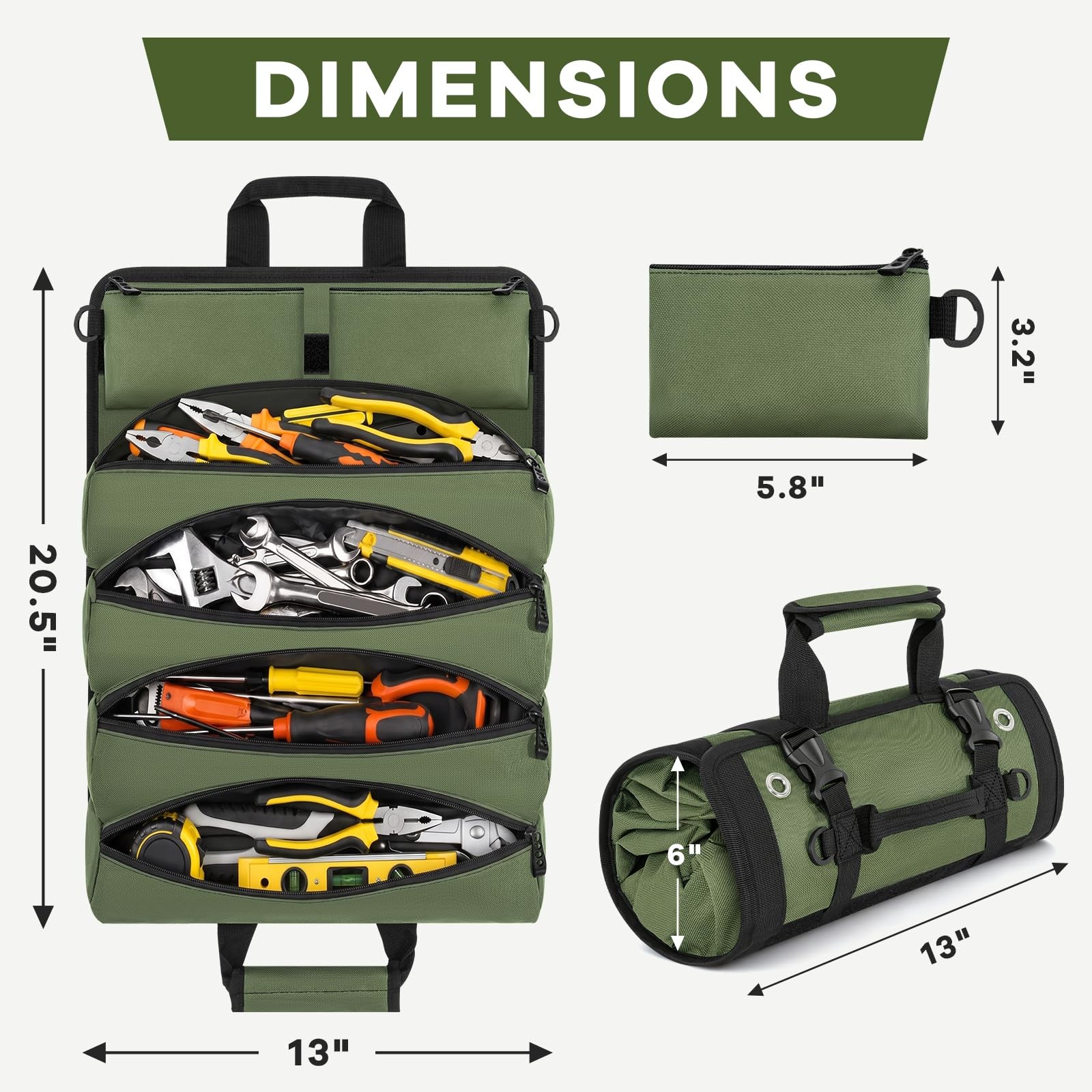 Green Regular Roll Up Tool Bag Organizer Heavy Duty 2 Detachable Pouches