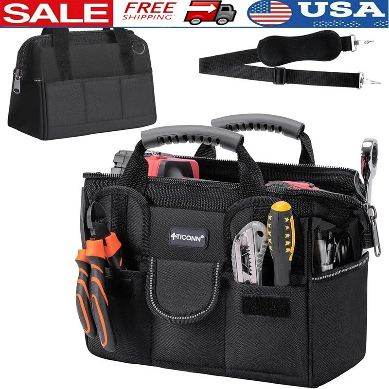 Heavy Duty Tool Bag Waterproof Oxford Fabric Wide Mouth Organizer W/ Pockets 12″