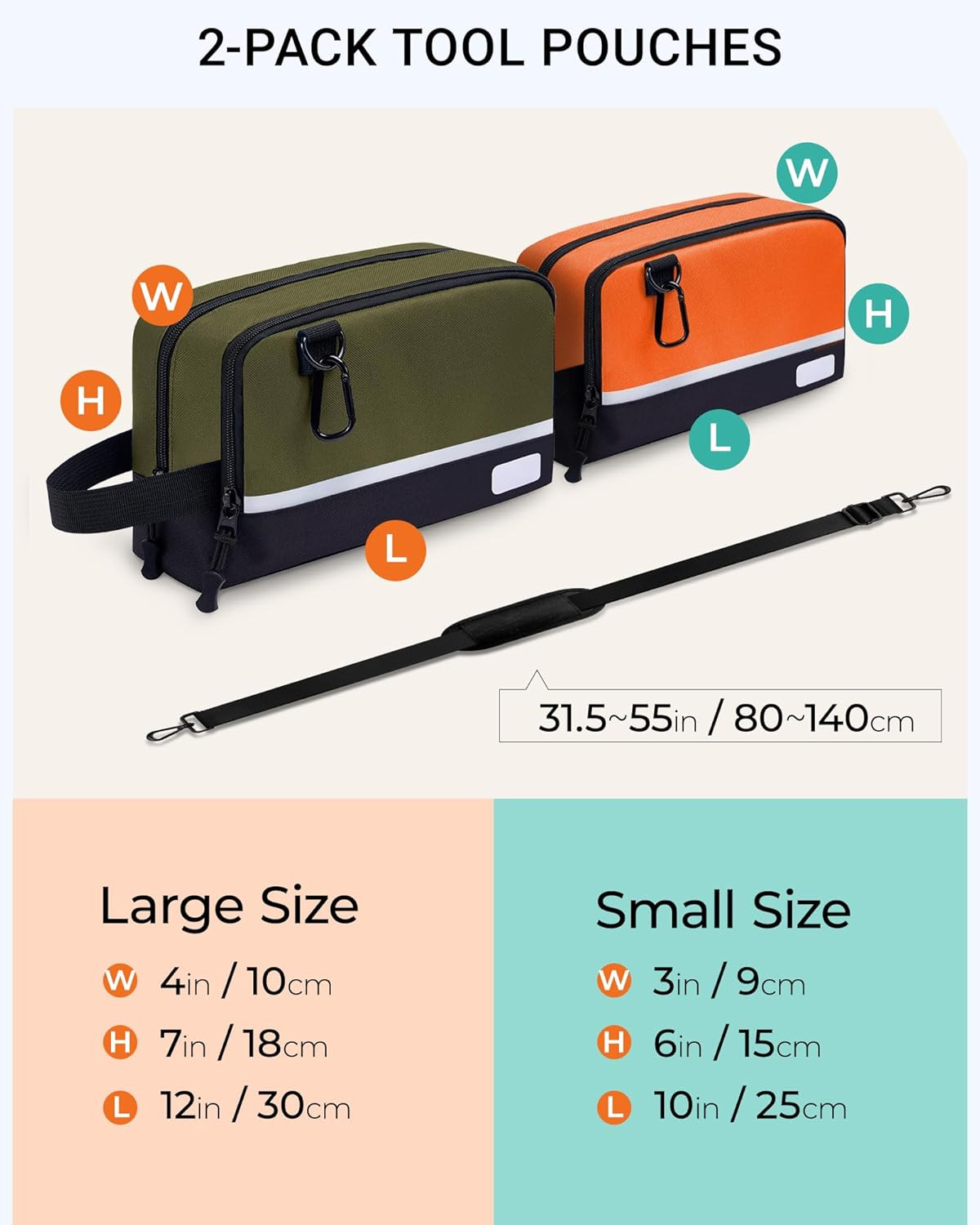 2 Pack Small Tool Bags with Strap 12″ & 10″ | Zipper Utility Pouches with Adjust