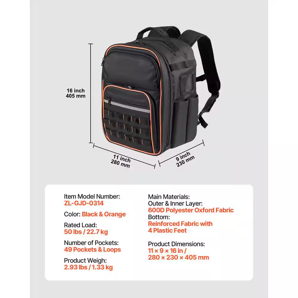 Tool Backpack, 49 Pockets, Heavy-Duty Tools Storage Organizer Work Bags with Lap