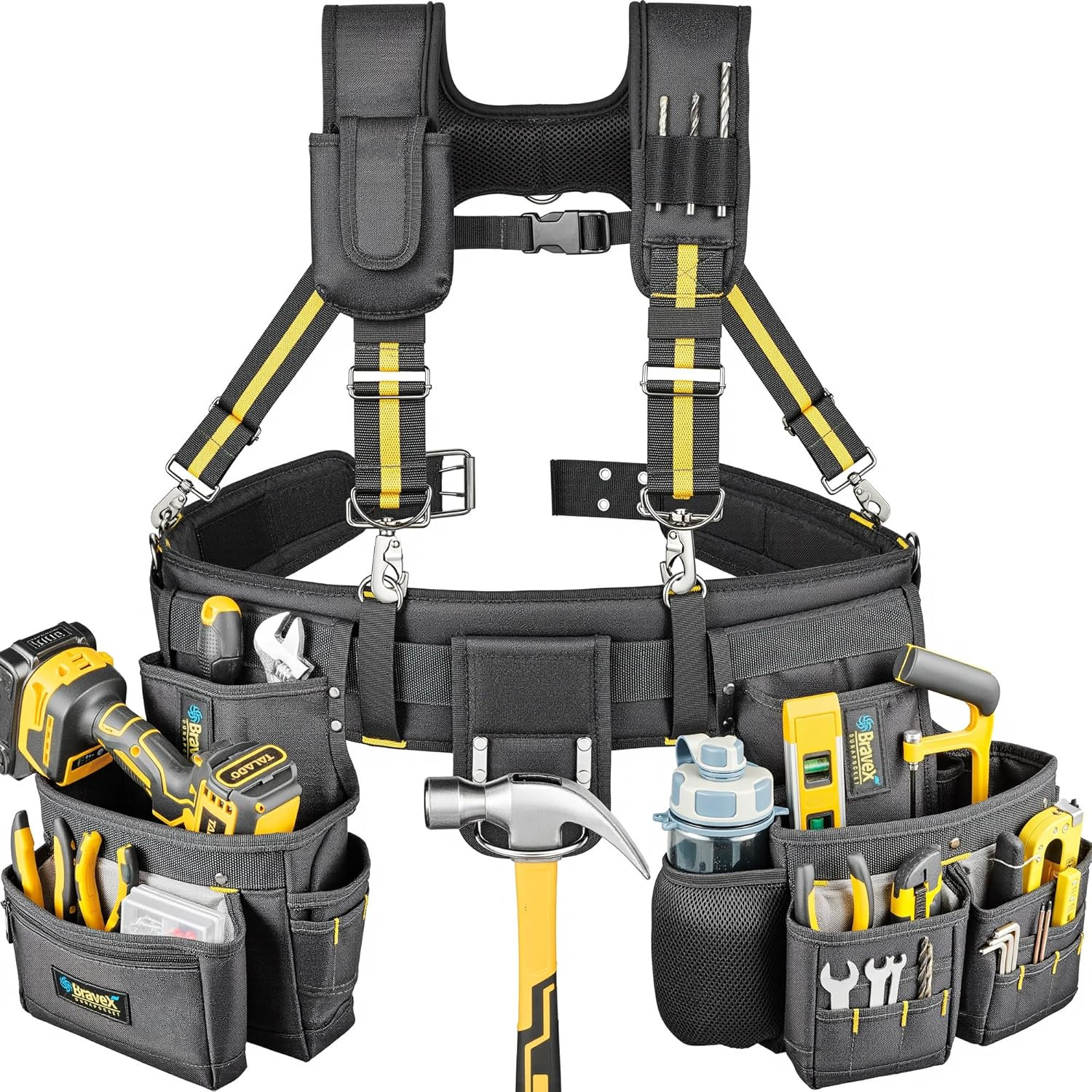 Bravex Tool Belt Suspenders, Tool Vest Pro Ultra 20 Bags H-Style Toolbelt 5 Comb