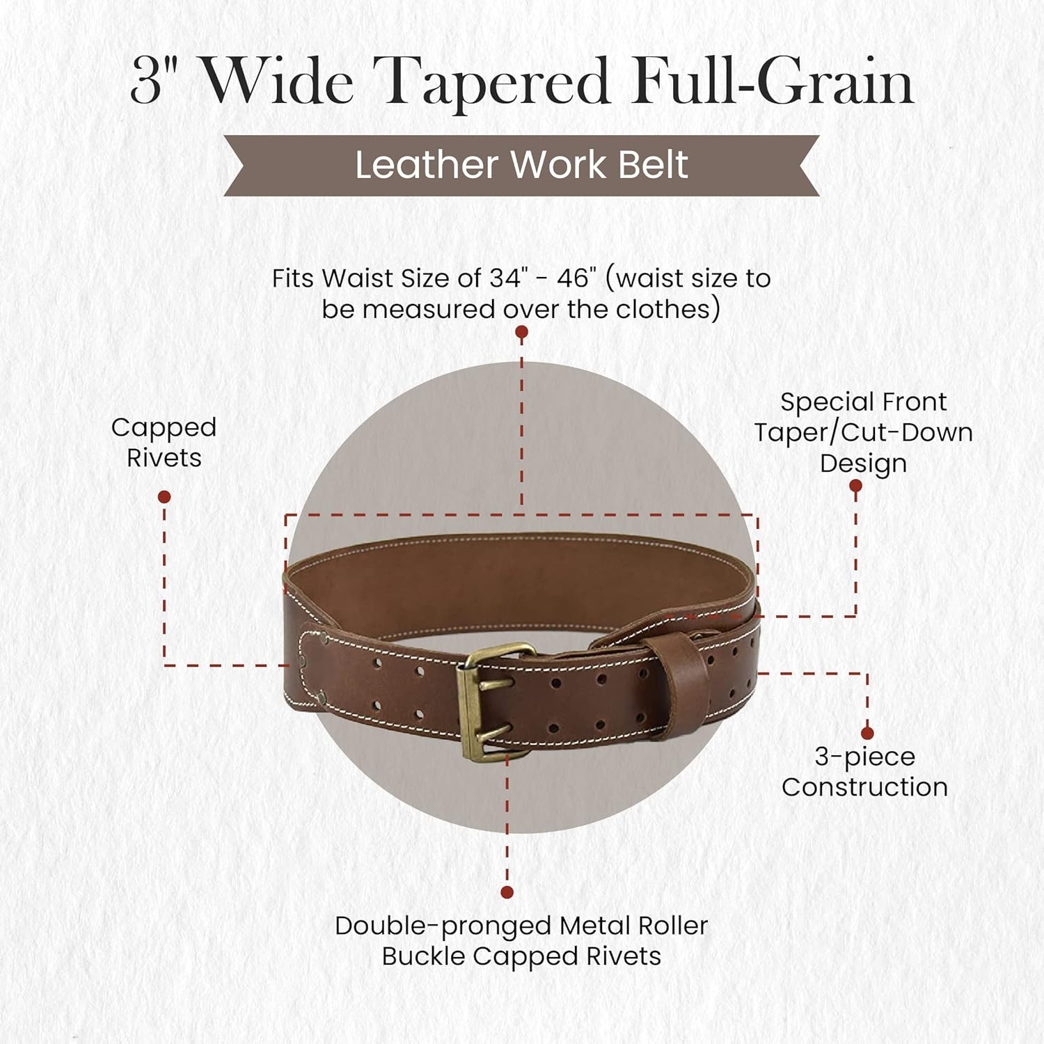 3″ Wide Tapered Full-Grain Leather Work Belt, Durable and Rugged Belt, Dark T…