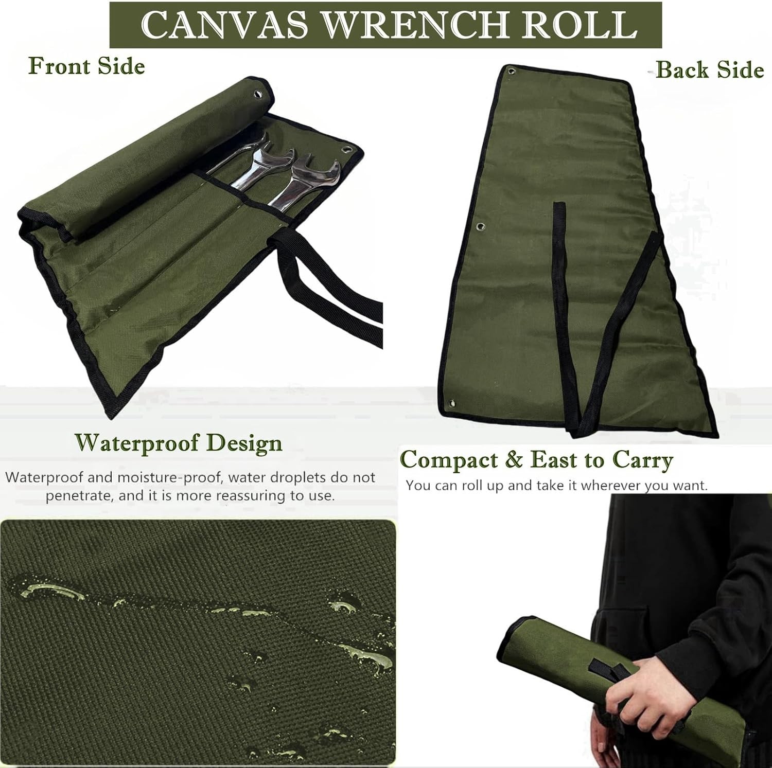 16 Pocket Wrench Roll Up Pouch Tool Organizer Storage Bag for Mechanic Green