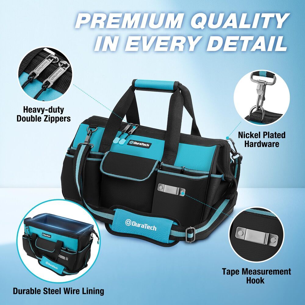 DURATECH 18″ Large Heavy Duty Tool Bag w/Zipper Waterproof Hard Bottom 19 Pocket