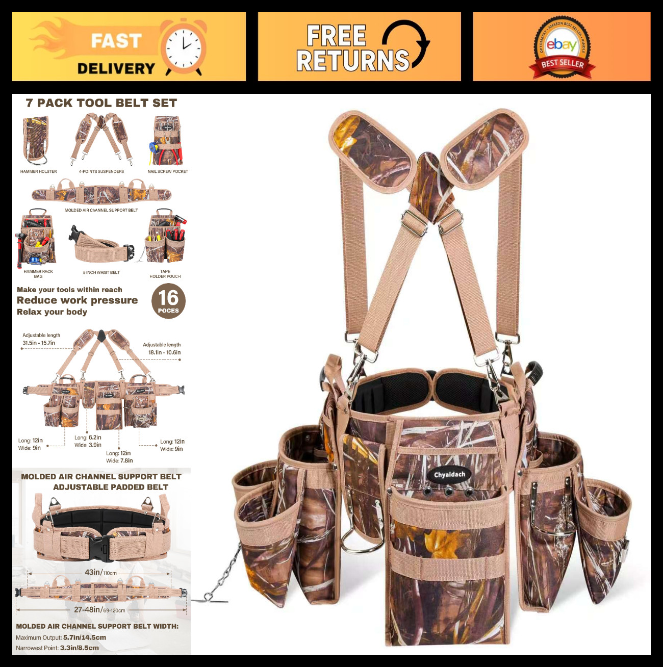 7-Piece Tool Belt Rig with Air Channel Support, 16 Pockets & Dual Hammer Loops f