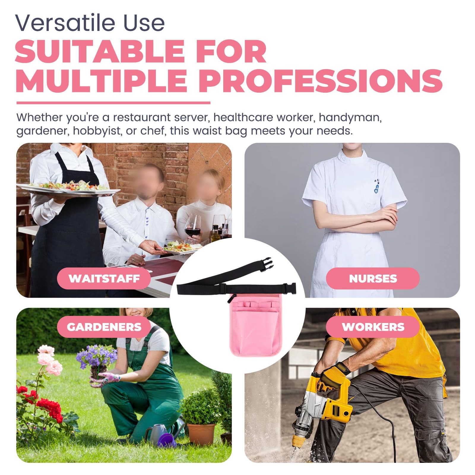 2 PCS Waitress Server Apron Nurse Fanny Pack Utility Tool Belt 10 Pocket Pink