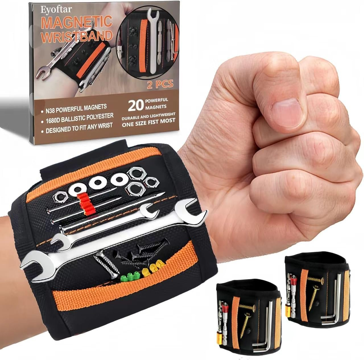Magnetic Wristband for Tools 2‑Pack, 20‑Magnet Heavy‑Duty Holder for Screws & Na