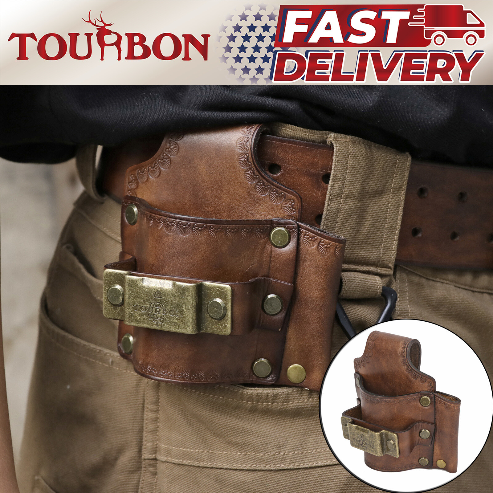 Tourbon Leather 3-in-1 Tools Belt Pouch Hammer Holster Tape Measure EDC Holder