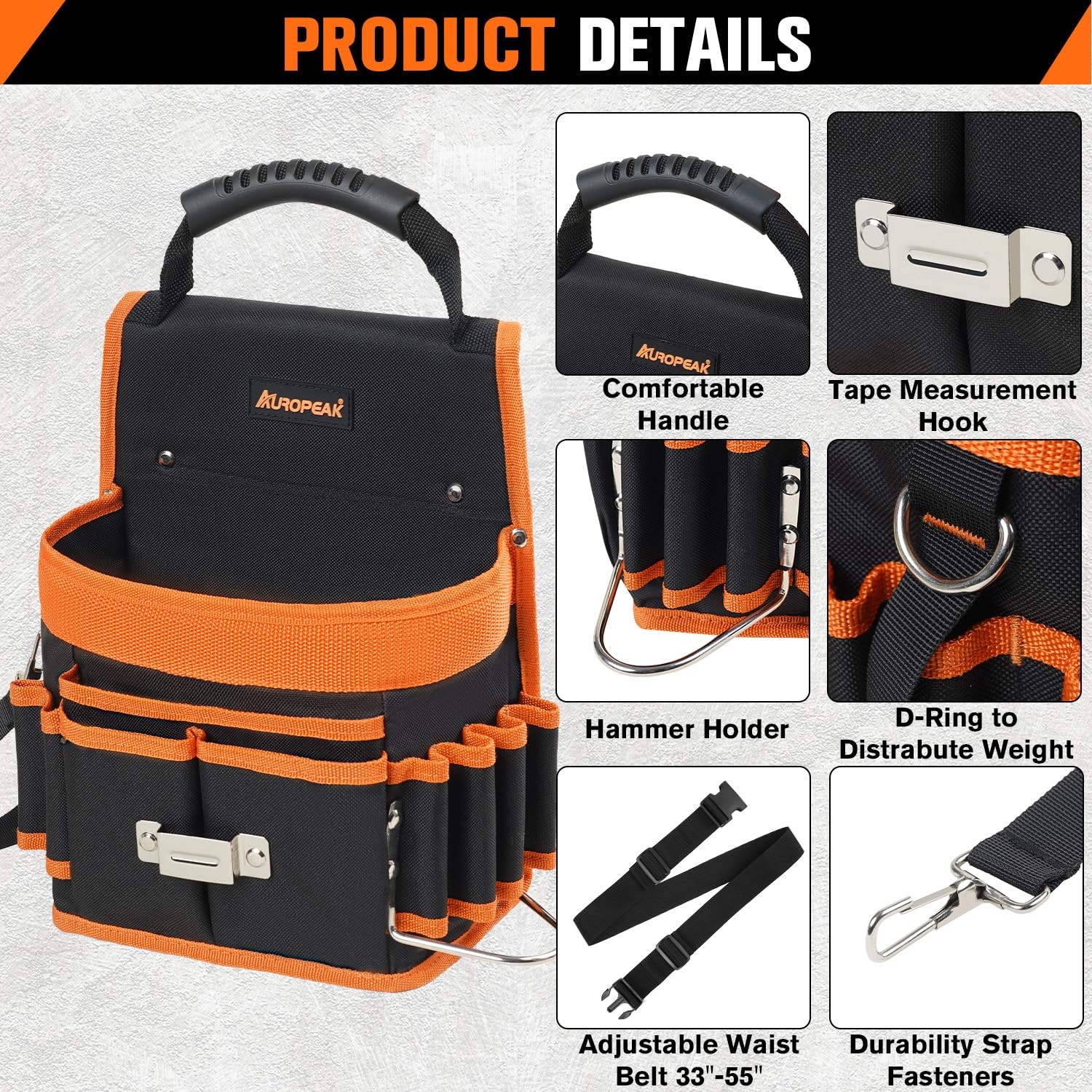 22 Pocket Tool Belt Pouch Hammer Loops Tape Clip Durable Nylon HVAC Carpenter