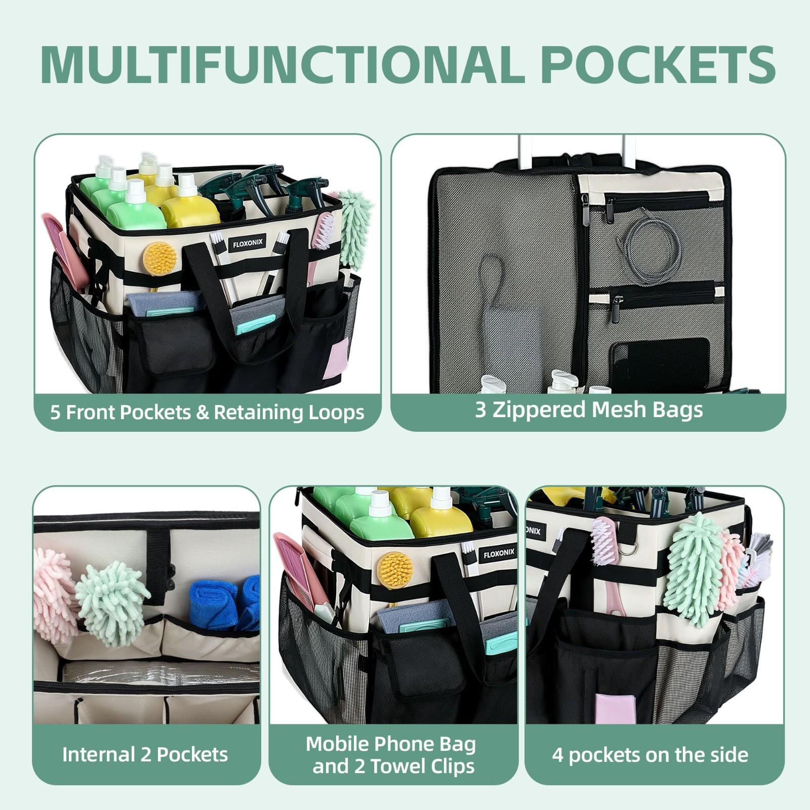 Large Rolling Cleaning Caddy with Wheels, Detachable Trolley, Organizer Bag for