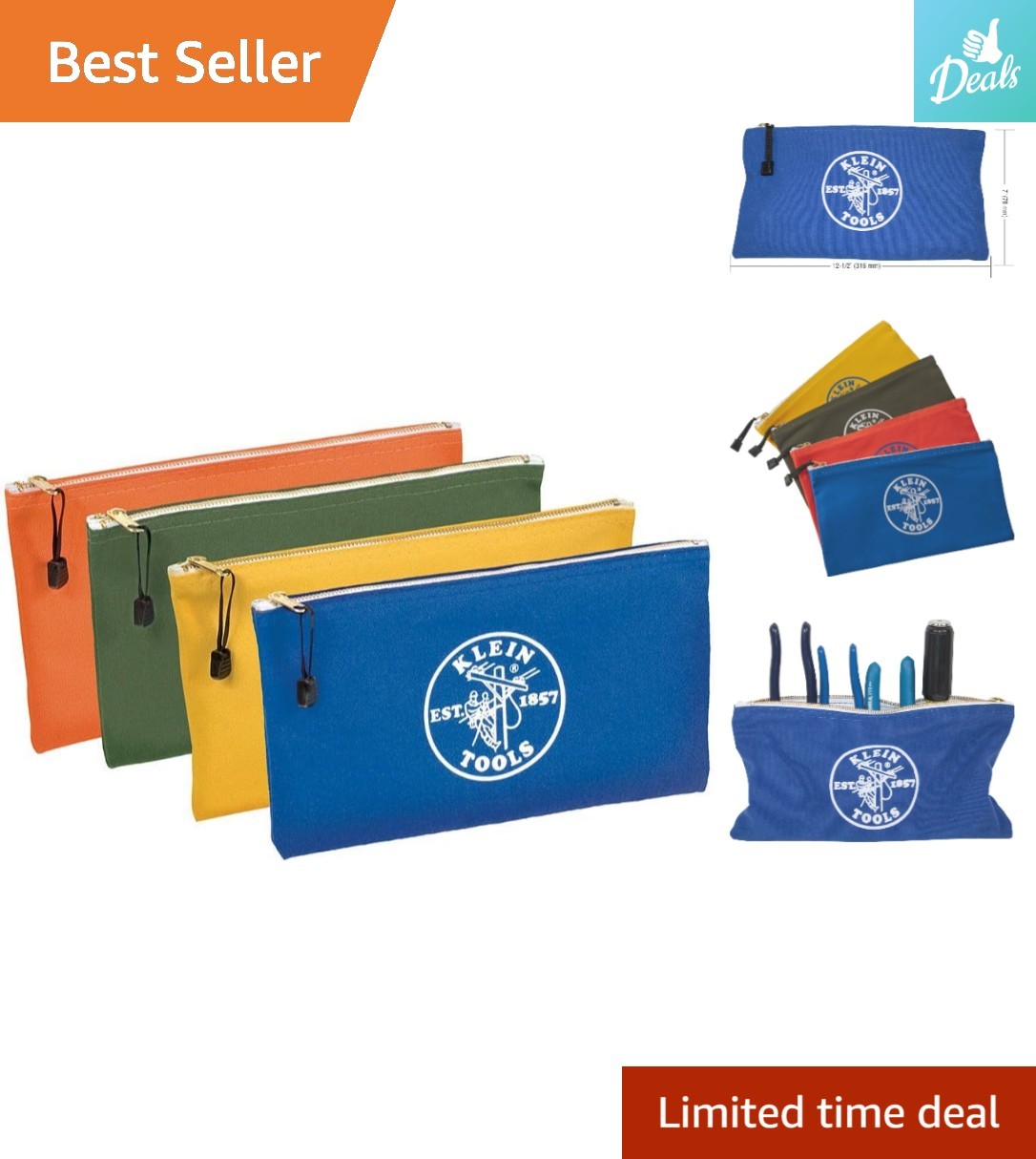 Klein Tools 5140 Canvas Zipper Bag Set, 4 Colors, 12.5 x 7-Inch Utility Pouch