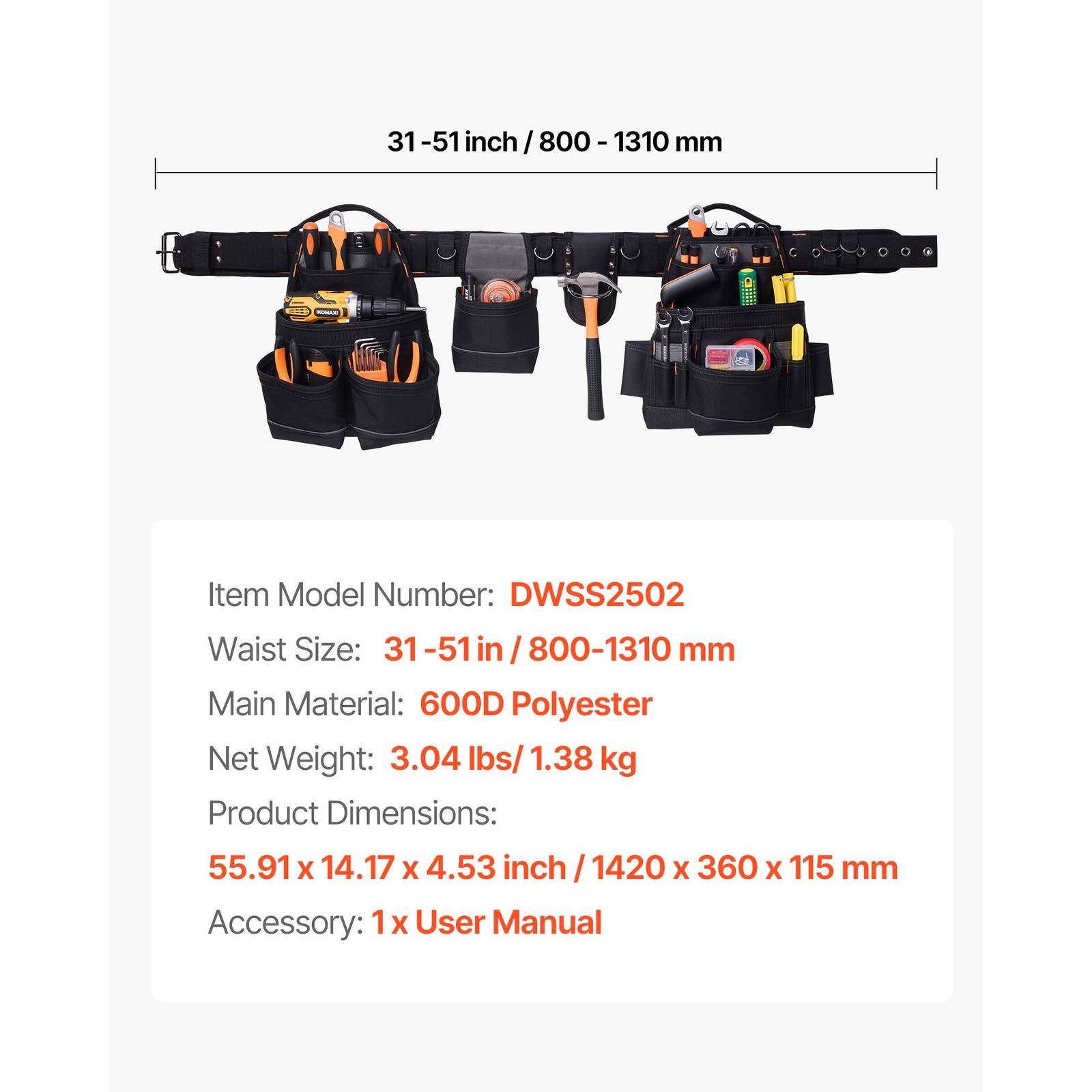Carpenter Tool Belt: 18 Pockets, 600D Fabric, Ergo Waist, Fits 31-51in