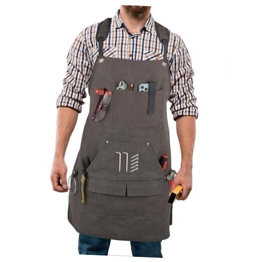 Men’s Canvas Tool Apron, Heavy Duty Multi-Pocket Work Apron for Grey