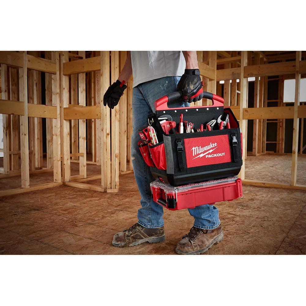 20 in. Packout Tote Modular Storage with Red Tool Zipper Bag Impact Resistant