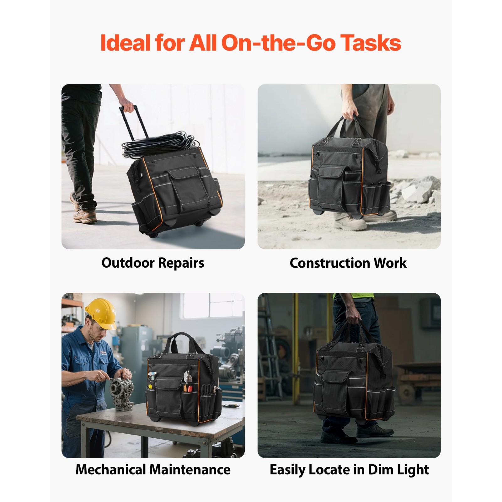Rolling Tool Bag w/ Wheels, 110 lbs Load Capacity, 25 Pockets for Heavy Duty Use