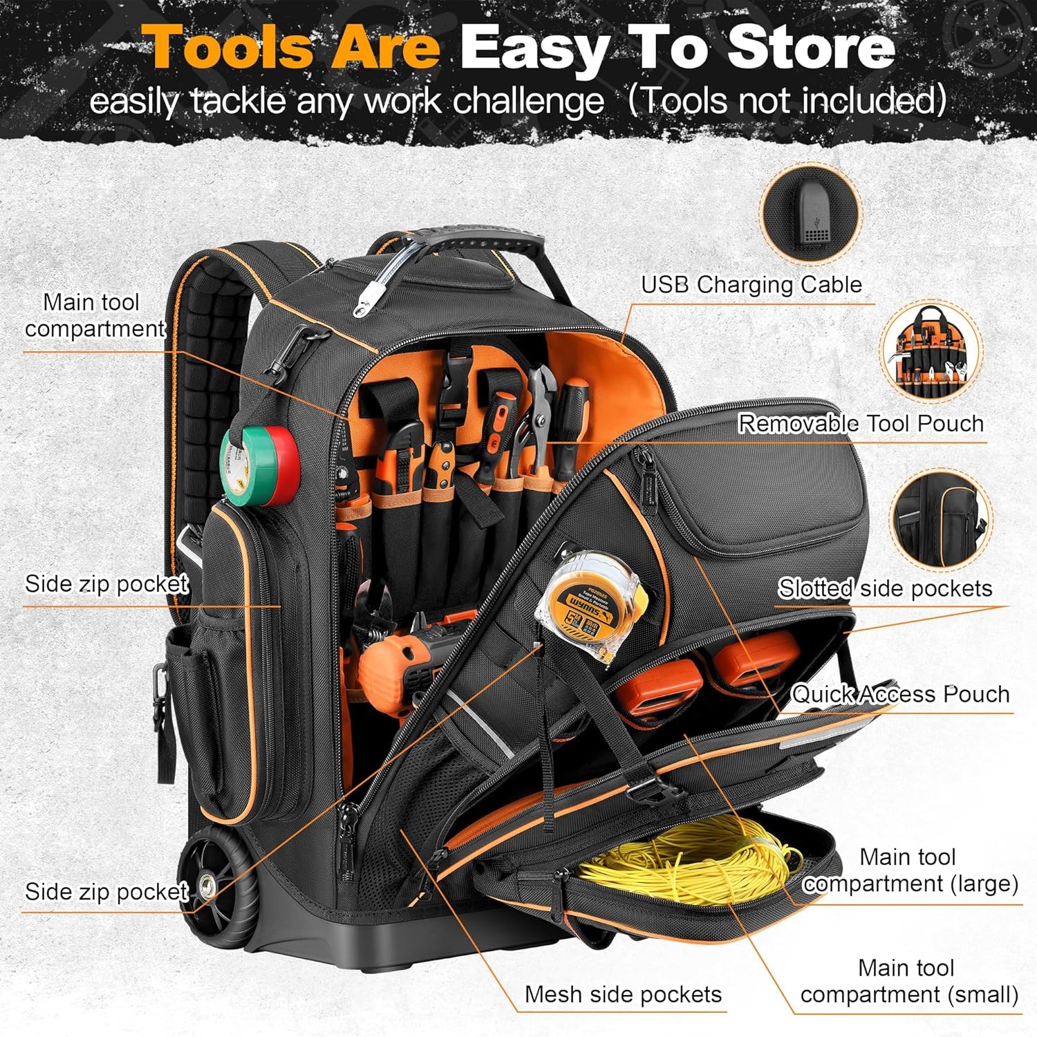 Rolling Tool Backpack Bag with Wheels Heavy Duty Molded Base Lock