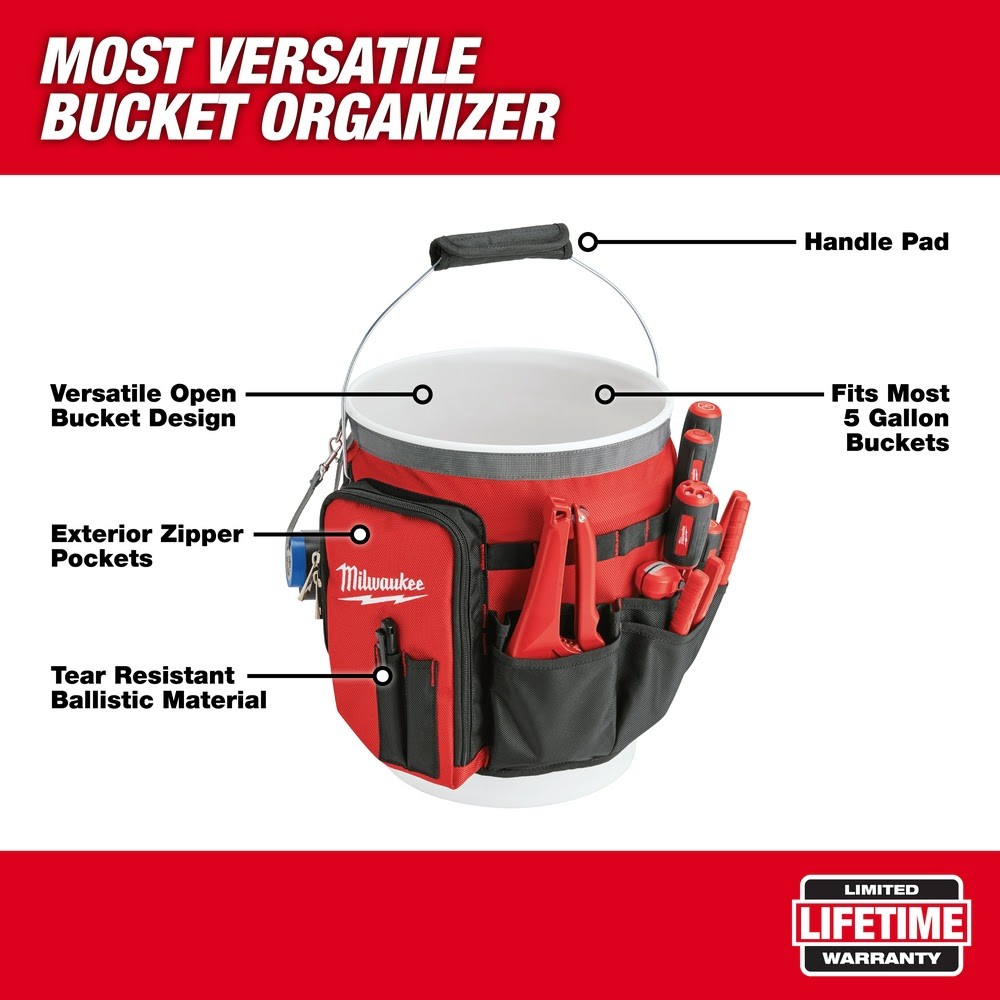 Milwaukee 48-22-8175 10-Inch Open Bucket Organizer Bag, 32 Exterior Wrap Pockets