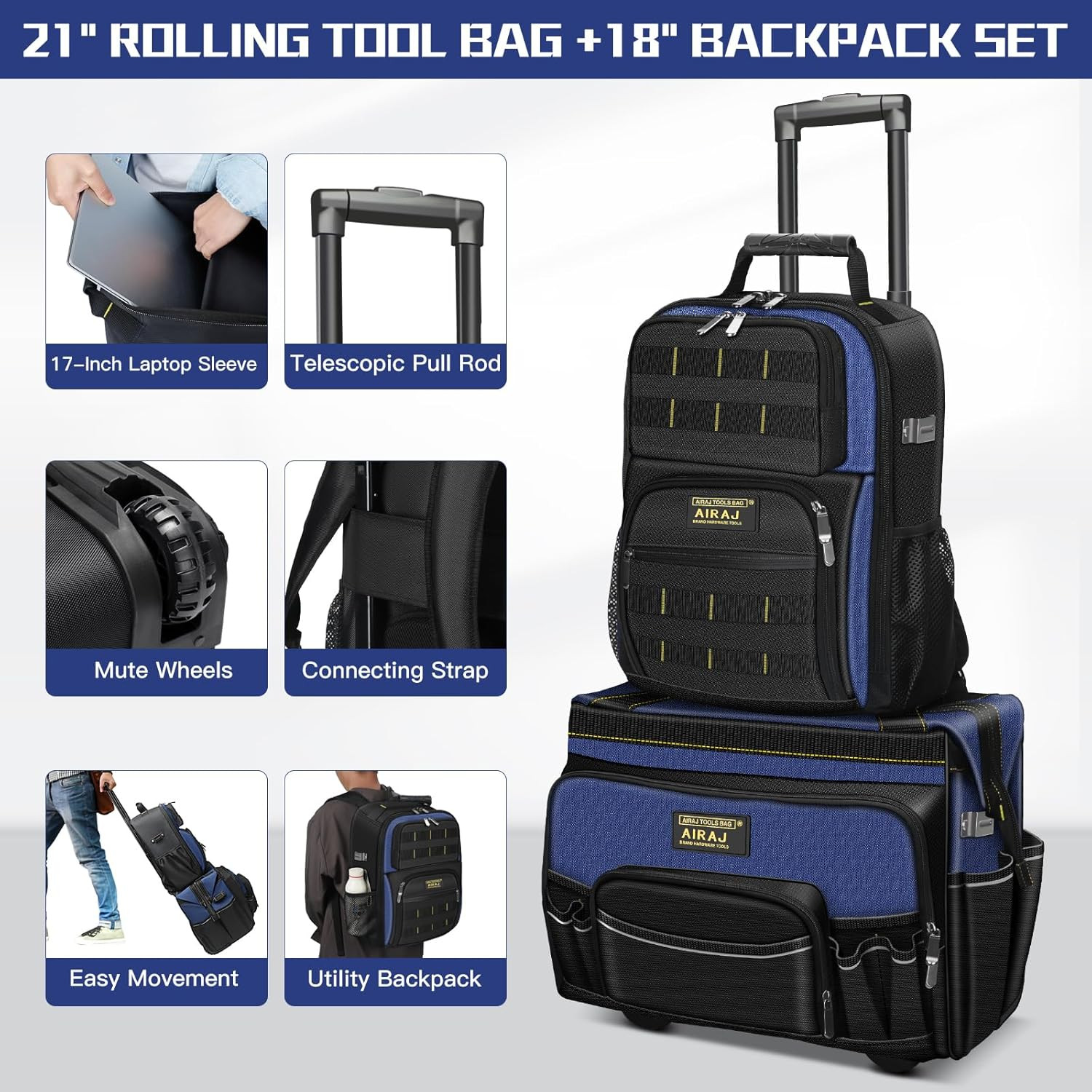 21″ Rolling Tool Bag with Wheels & 18″ Tool Backpack Set | Adjustable Telescopin