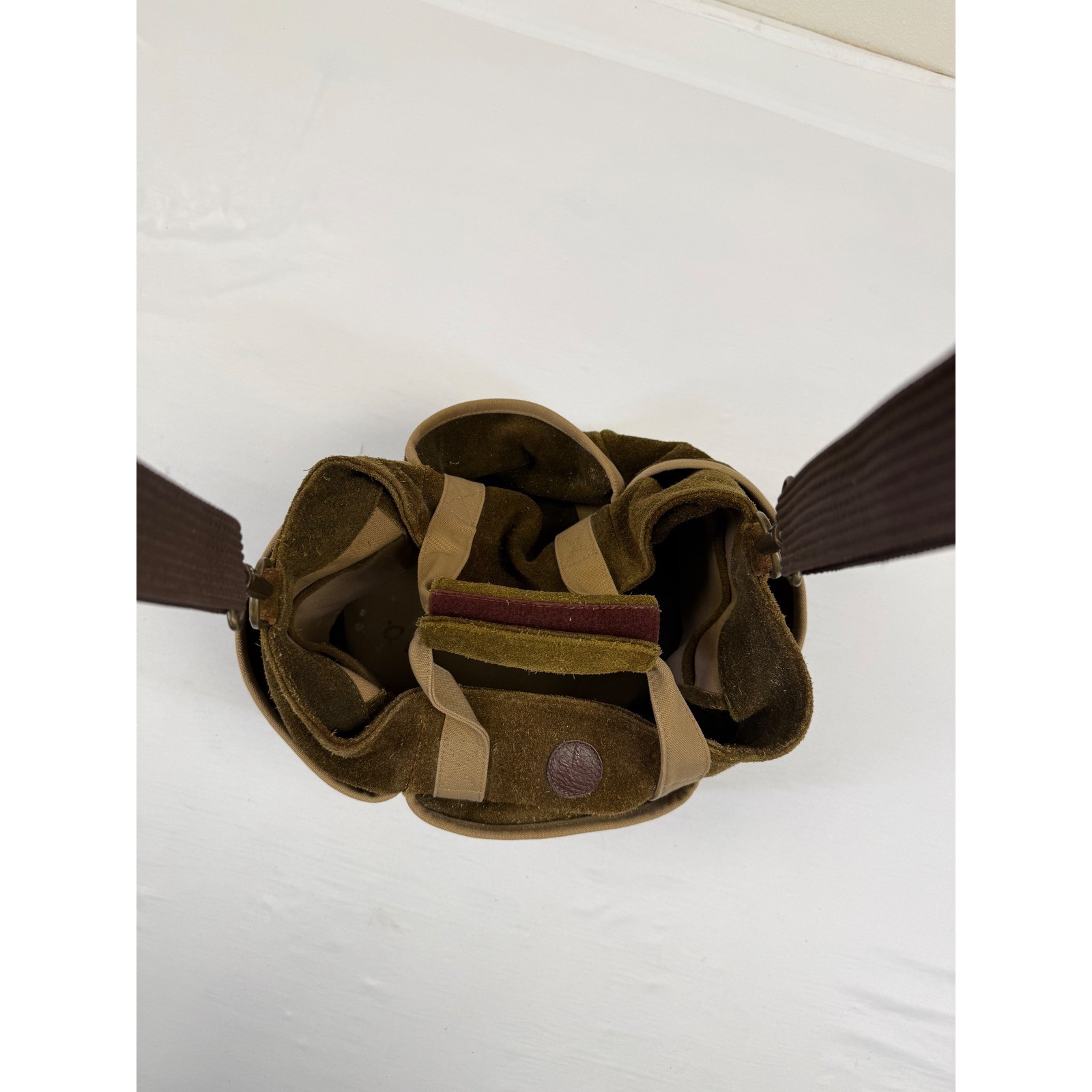 Round Suede Tool Bag Tote Canvas Trim Padded Handle Shoulder Strap Brown