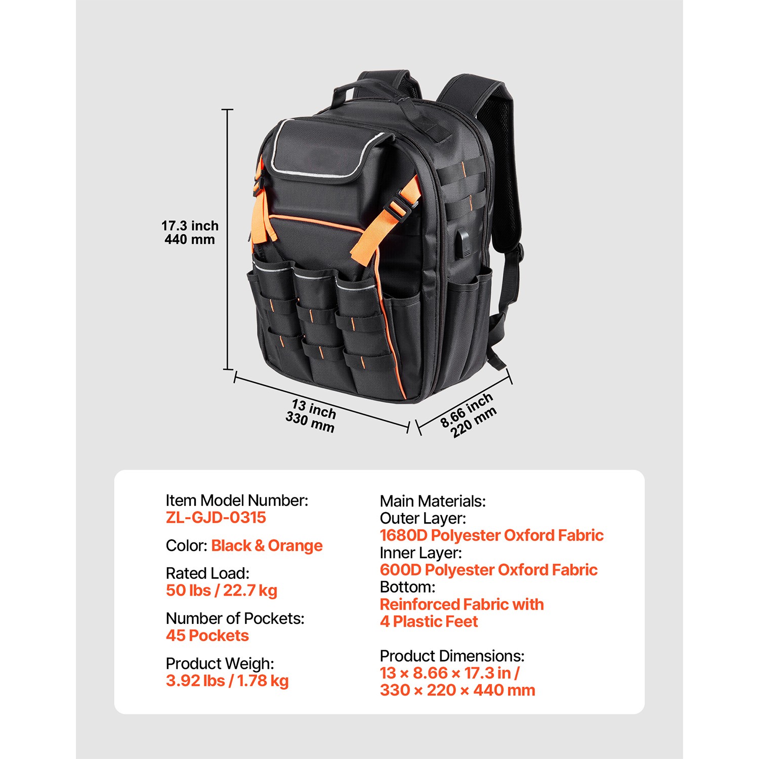 Tool Backpack 45 Pockets Tear-resistant Jobsite Backpack for Electrician