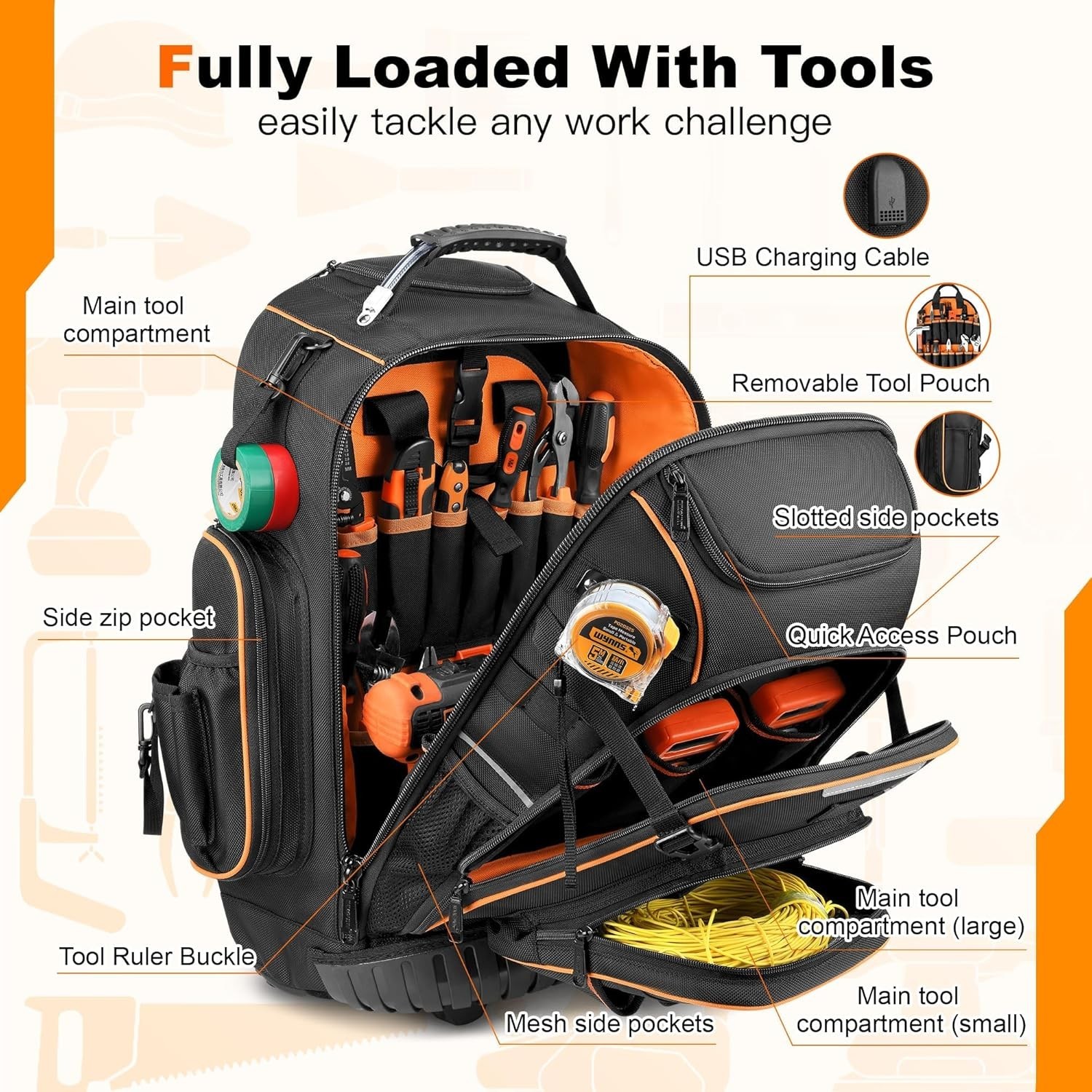 Tool Backpack with Smooth Swivel Wheels and Adjustable Trolley Handle