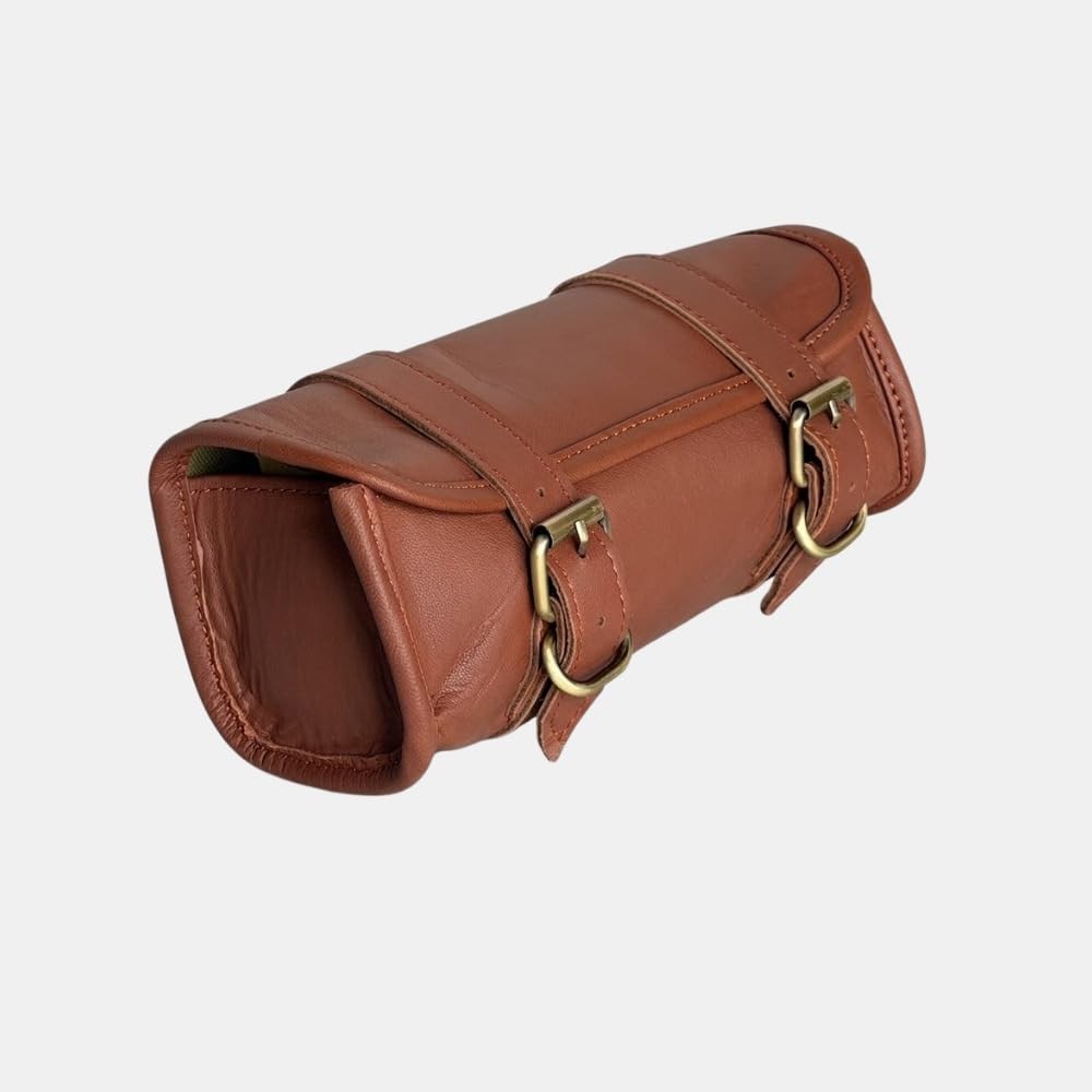 Genuine Goat Leather Vintage Motorcycle 2 Strap Buckle Closure Tool Brown Bag…
