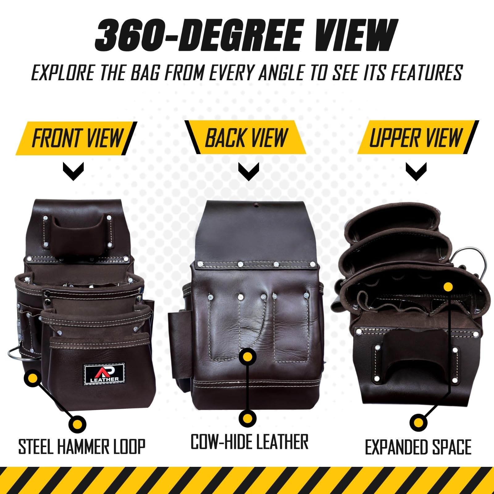 -015 Leather Tool pouch For Construction,Heavy Duty Hammer Holder,Buckle,3 Po…