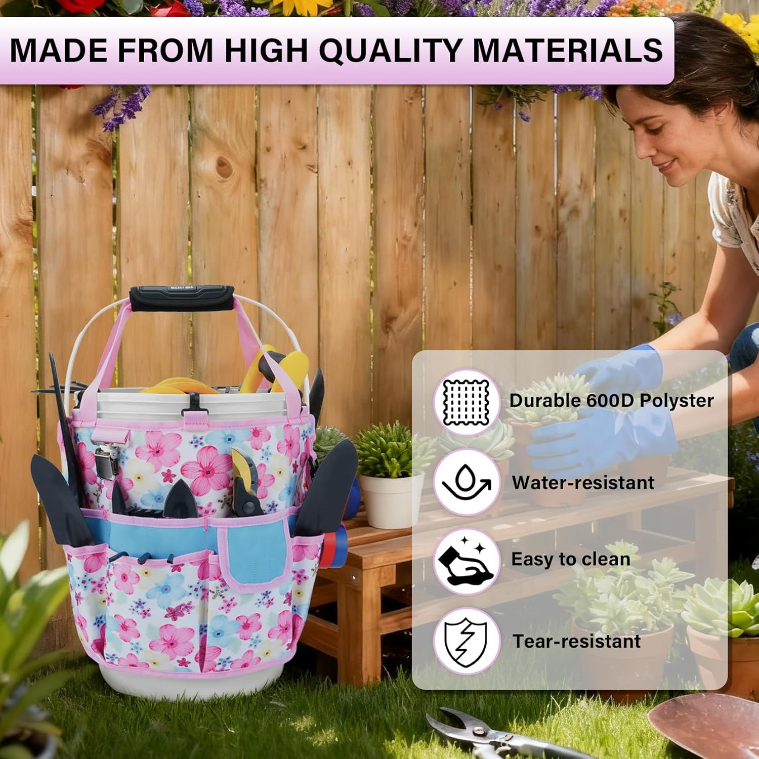 Gardening Gift for Women Men 5 Gallon Bucket Tool Organizer with 18 Pockets, Hea
