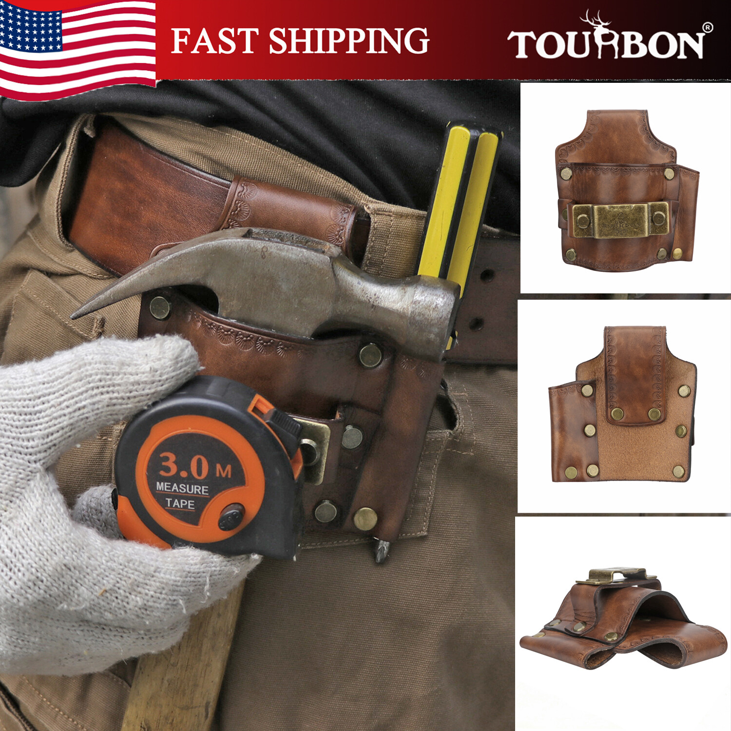TOURBON 3-in-1 Workshop Tool Belt Holster Hammer Tape Measure Screwdriver Pliers