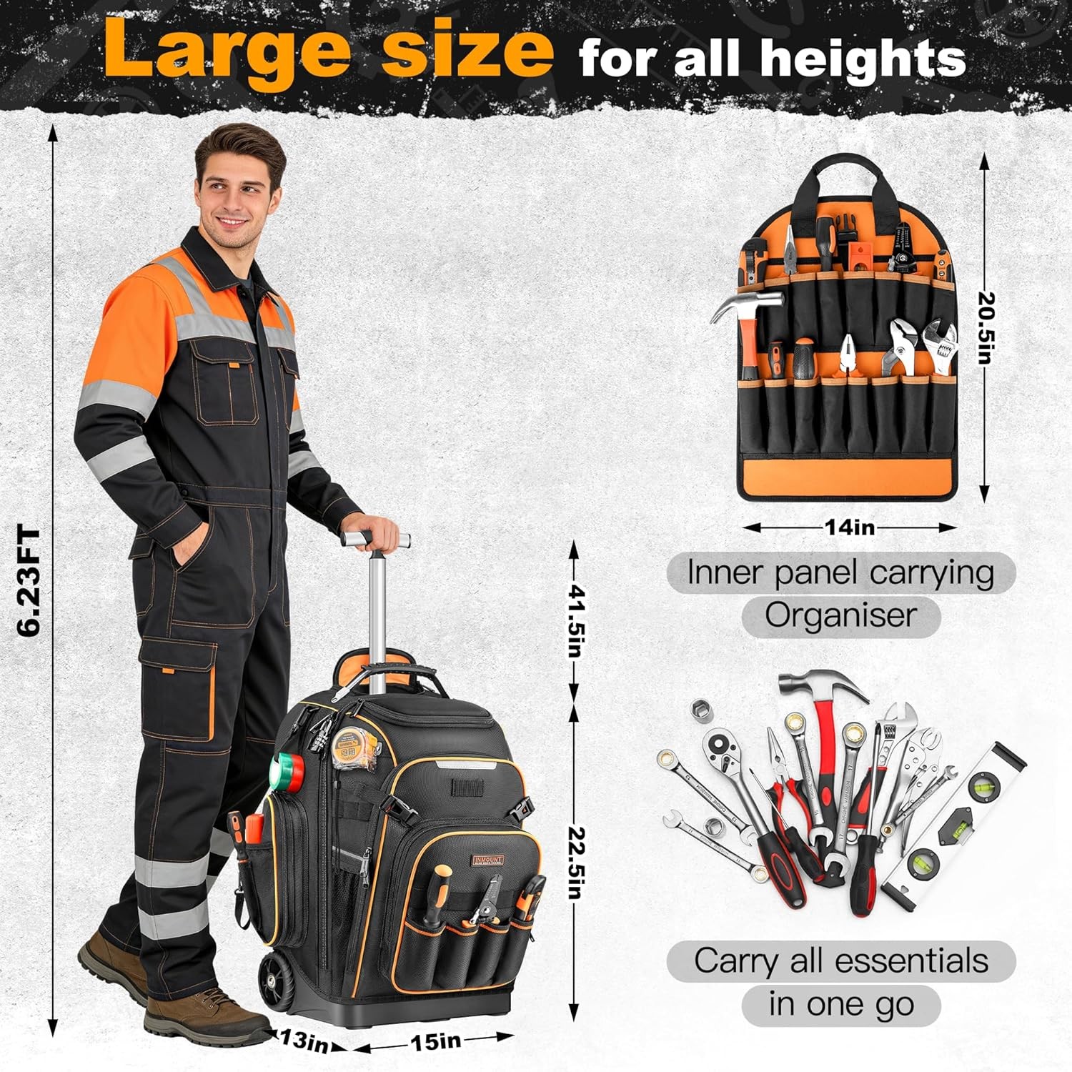 Rolling Tool Backpack Bag with Wheels Heavy Duty Molded Base Lock