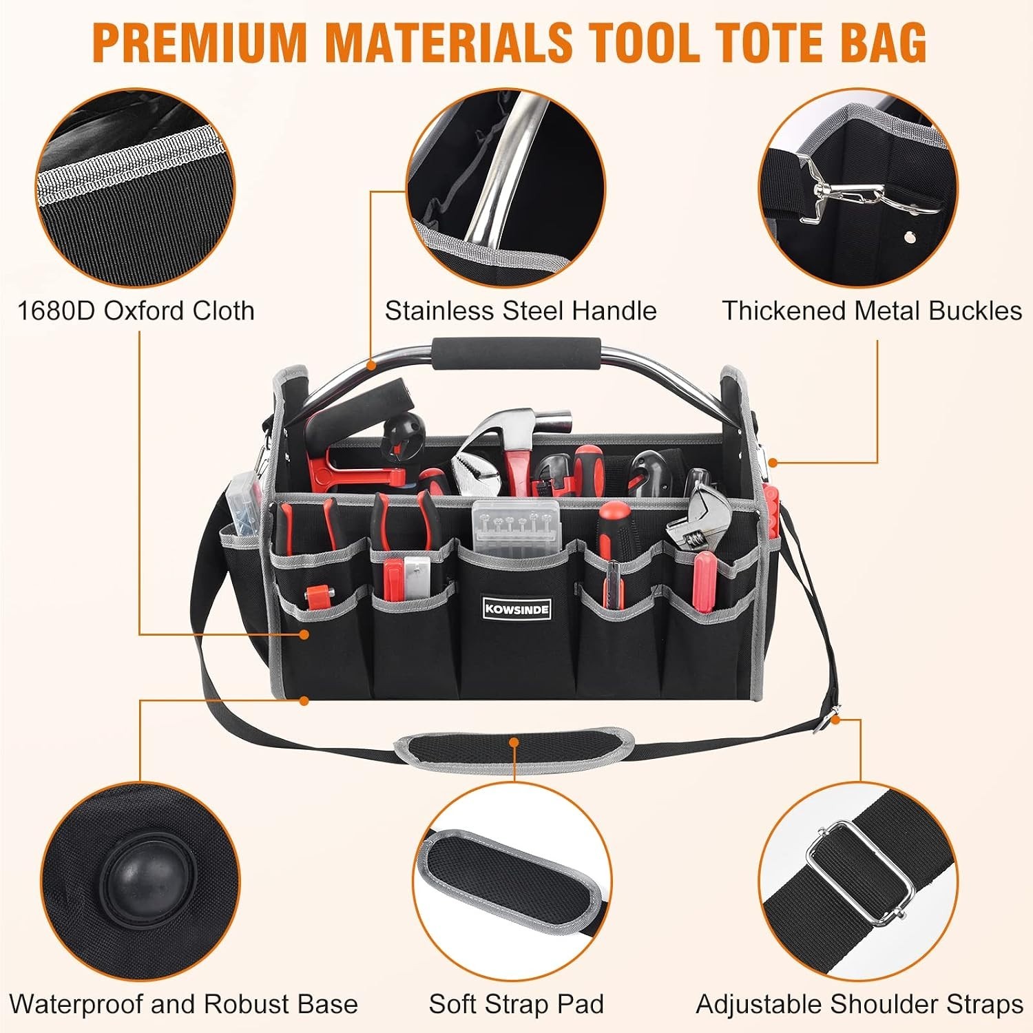 16 Inch Tool Bag, Electrician Tool Bag, Open Top Tool Bags, 26 Pockets Can Ho…
