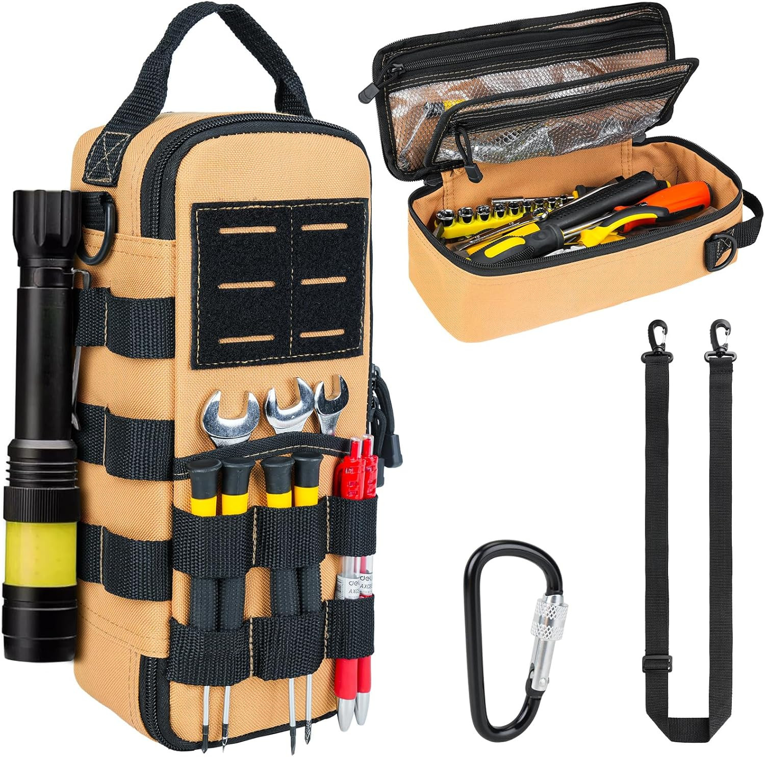 Small Tool Bag Brown Tactical Tool Pouch Organizer with Shoulder Strap