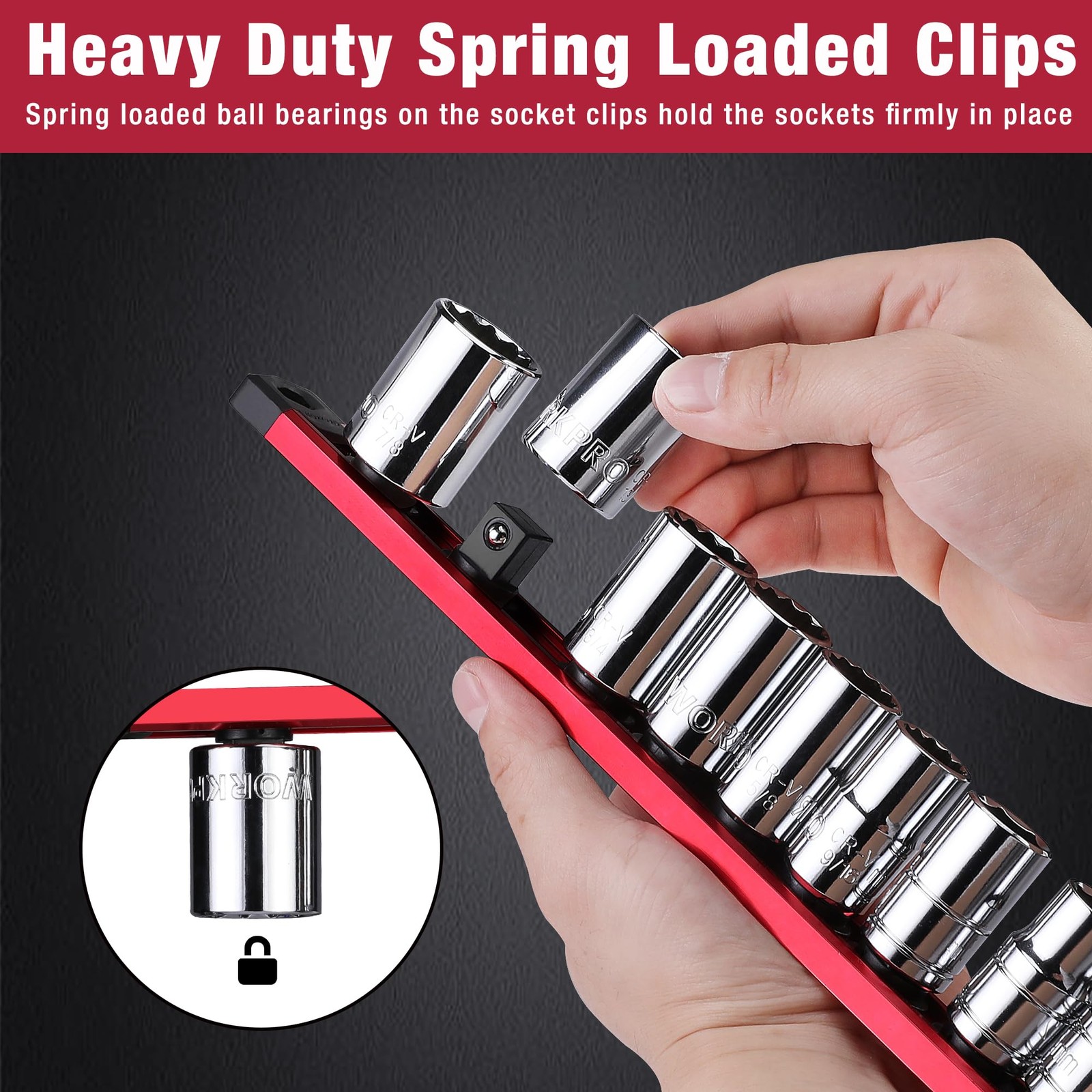 WORKPRO Magnetic Socket Organizer, 3/8-Inch Drive Aluminum Alloy 3/8″ DR, Red